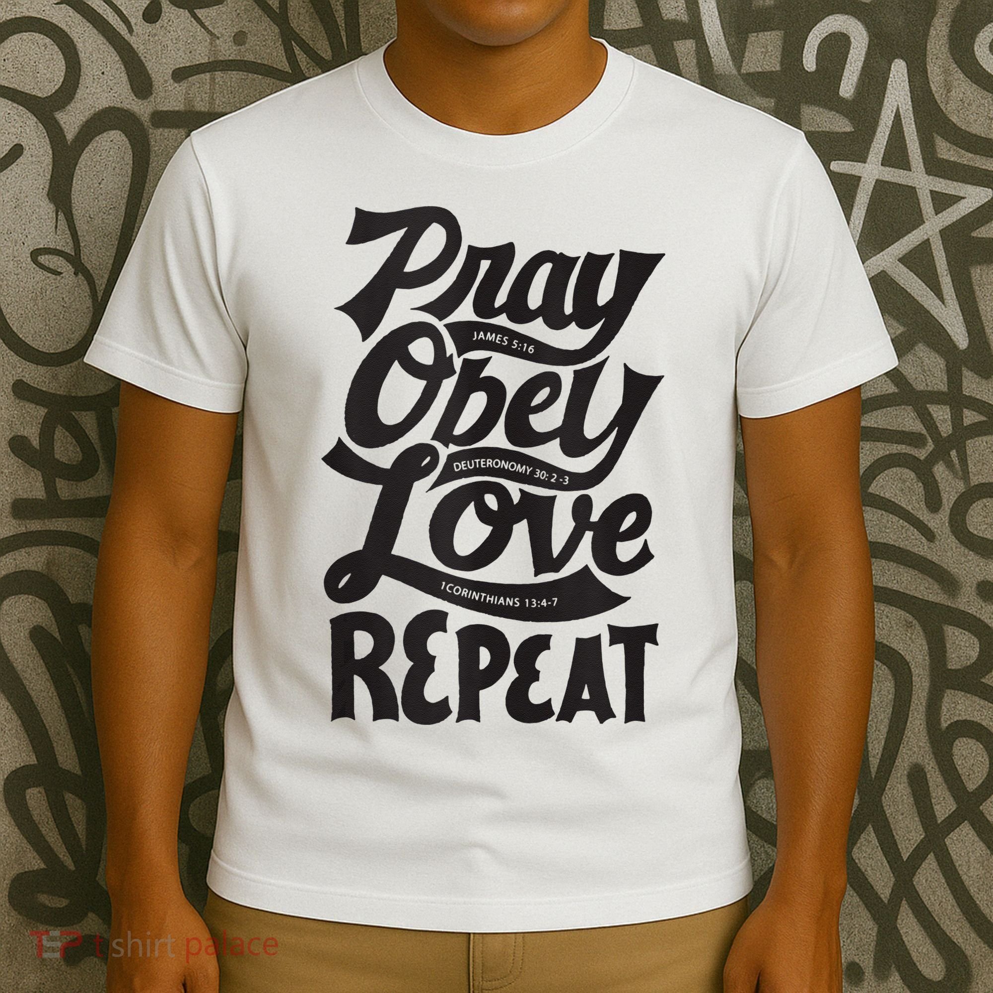 Pray Obey Love Repeat Christian Bible Verse Quote Faith T-Shirt