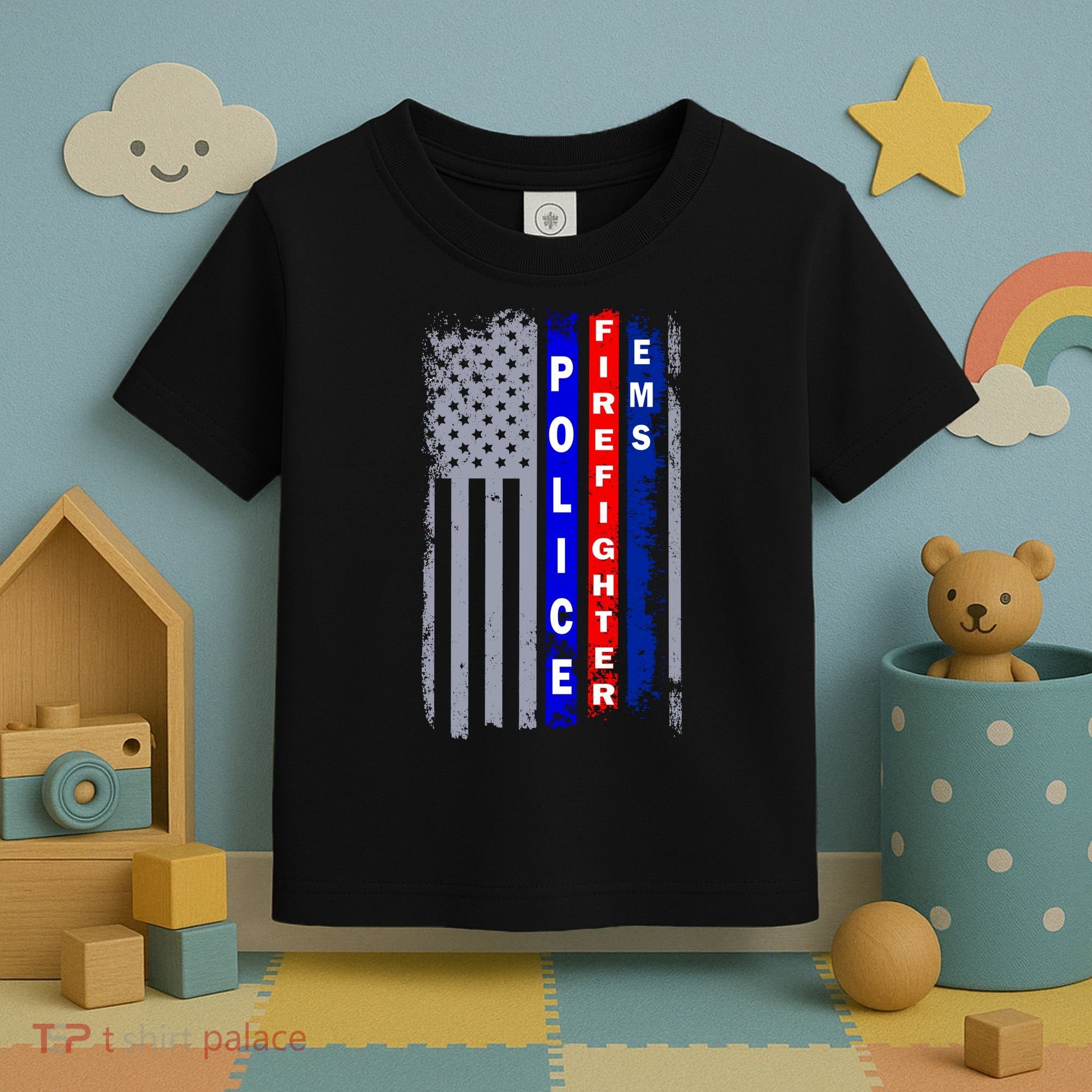 Police Firefighter EMS American Flag Toddler T-Shirt
