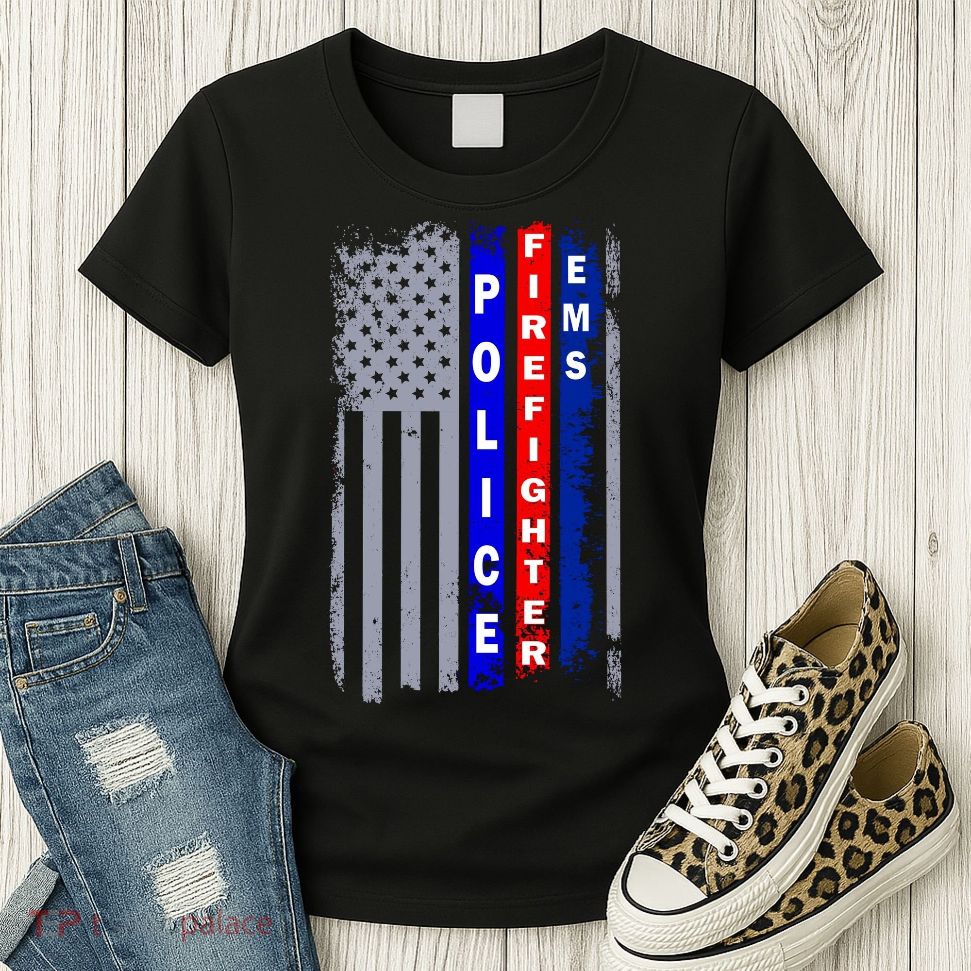 Police Firefighter EMS American Flag Women's T-Shirt