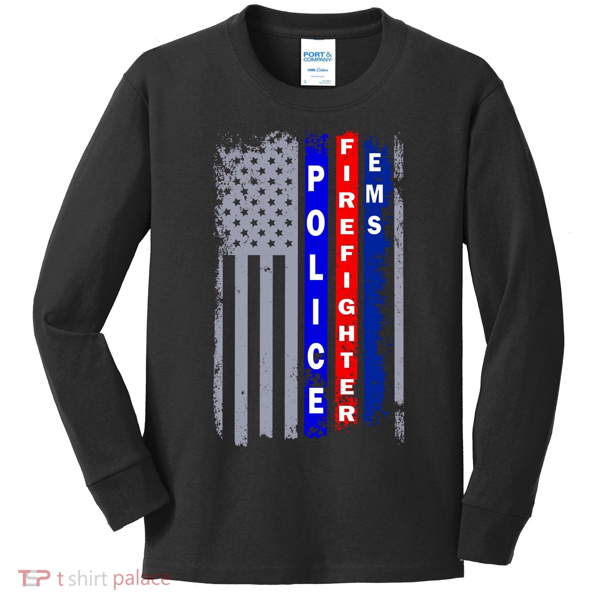 Police Firefighter EMS American Flag Kids Long Sleeve Shirt