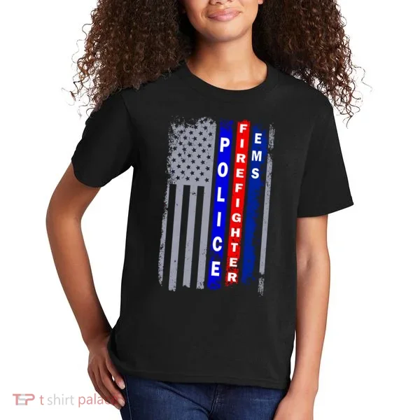 Police Firefighter EMS American Flag Kids T-Shirt