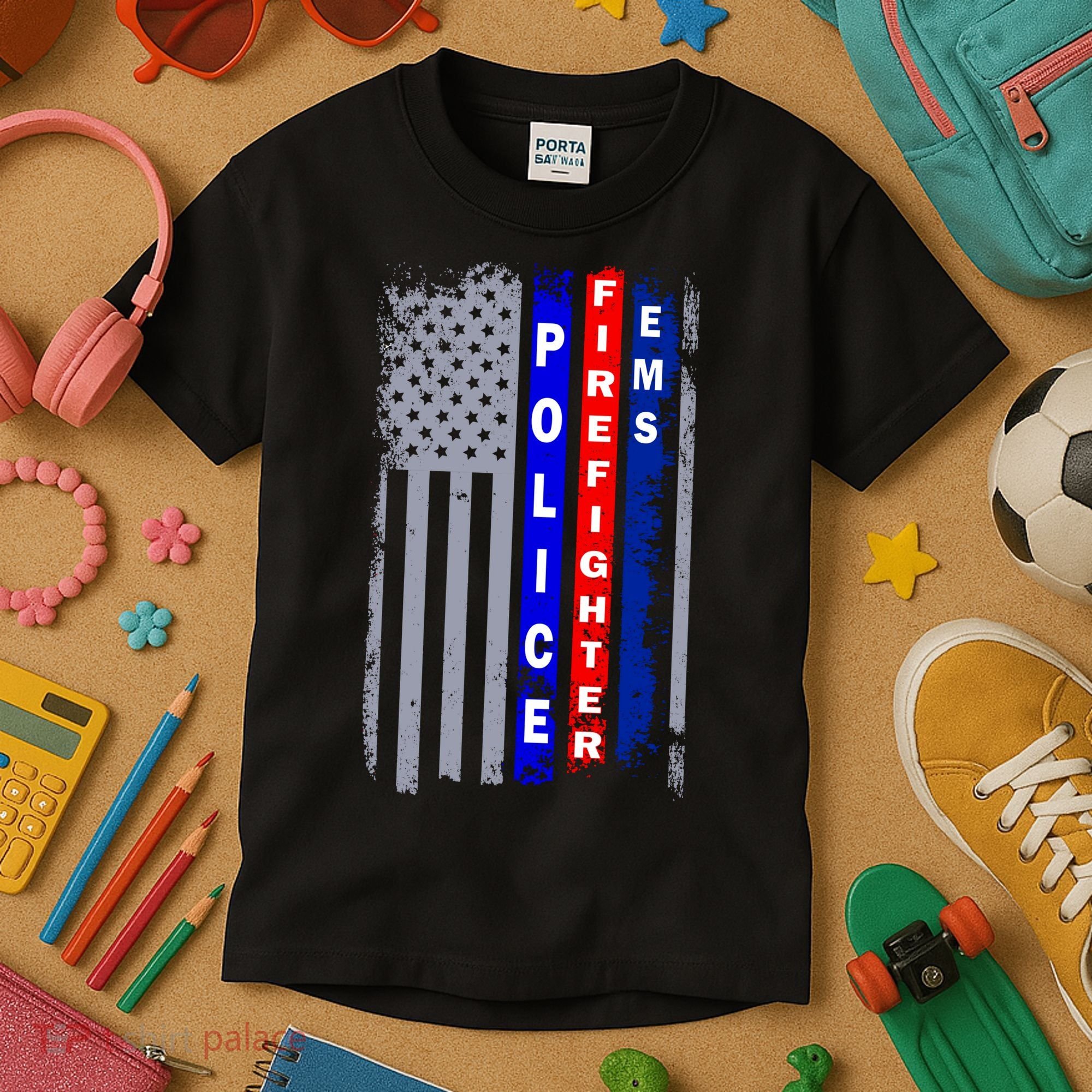 Police Firefighter EMS American Flag Kids T-Shirt