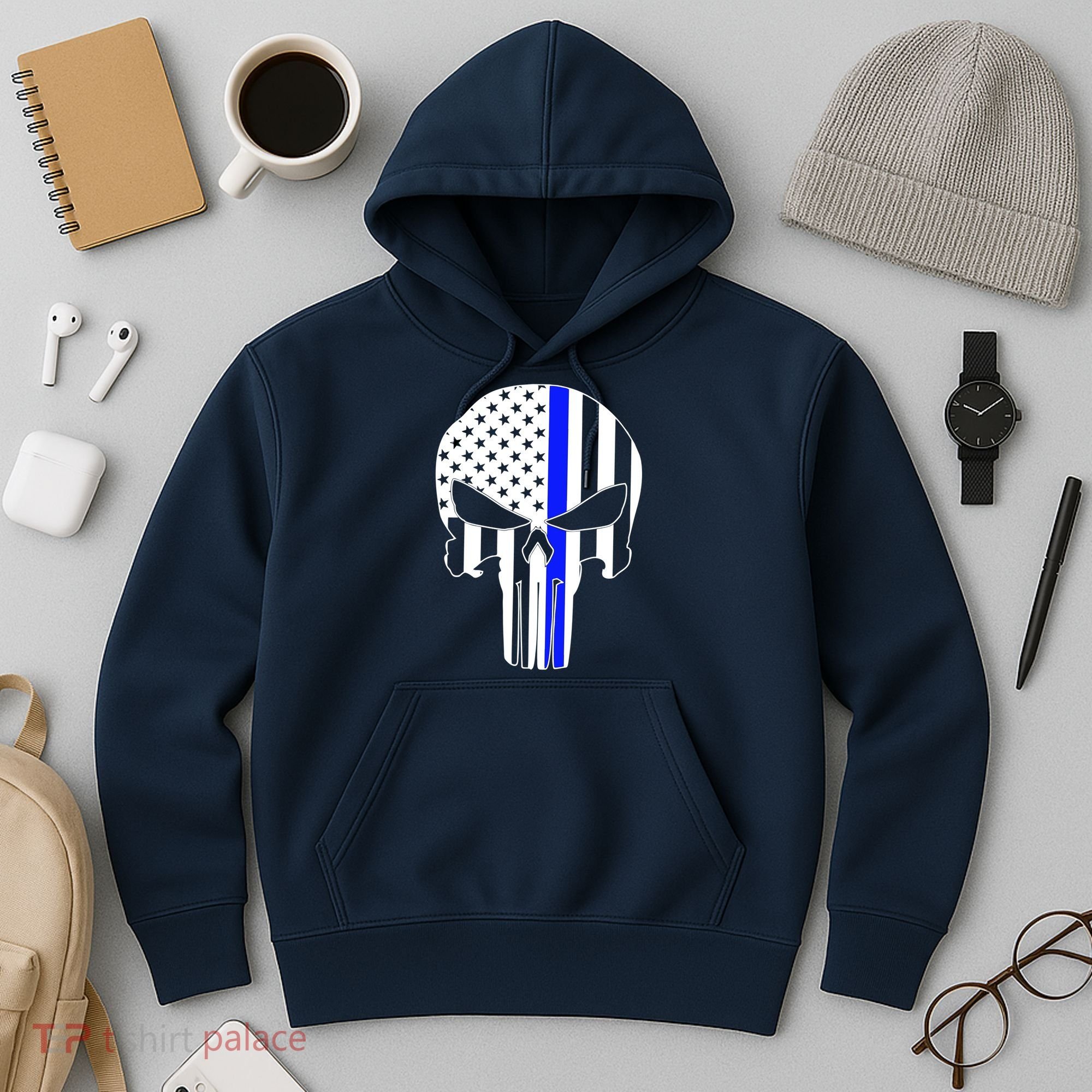Police USA Skull Thin Blue Line Hoodie