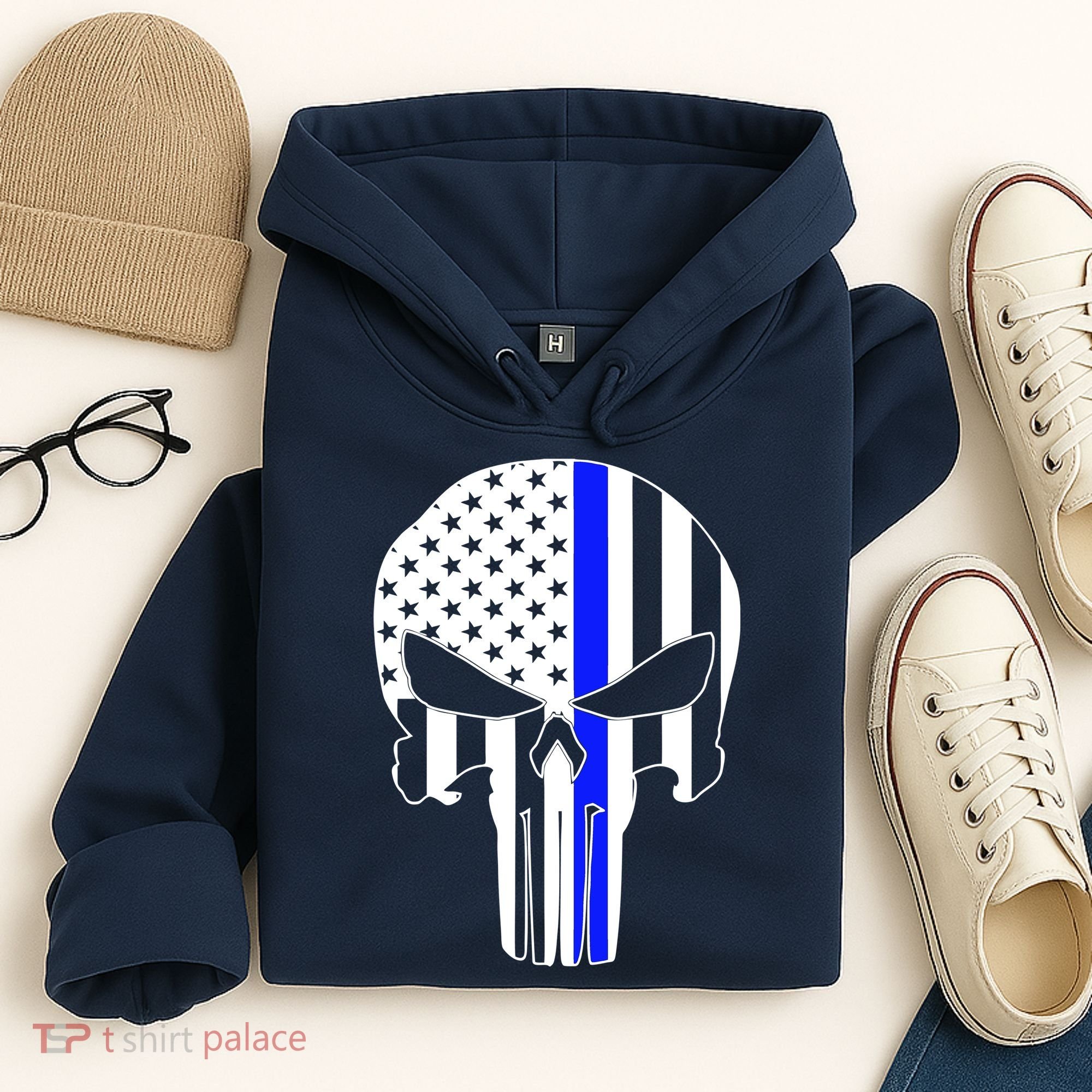 Police USA Skull Thin Blue Line Hoodie