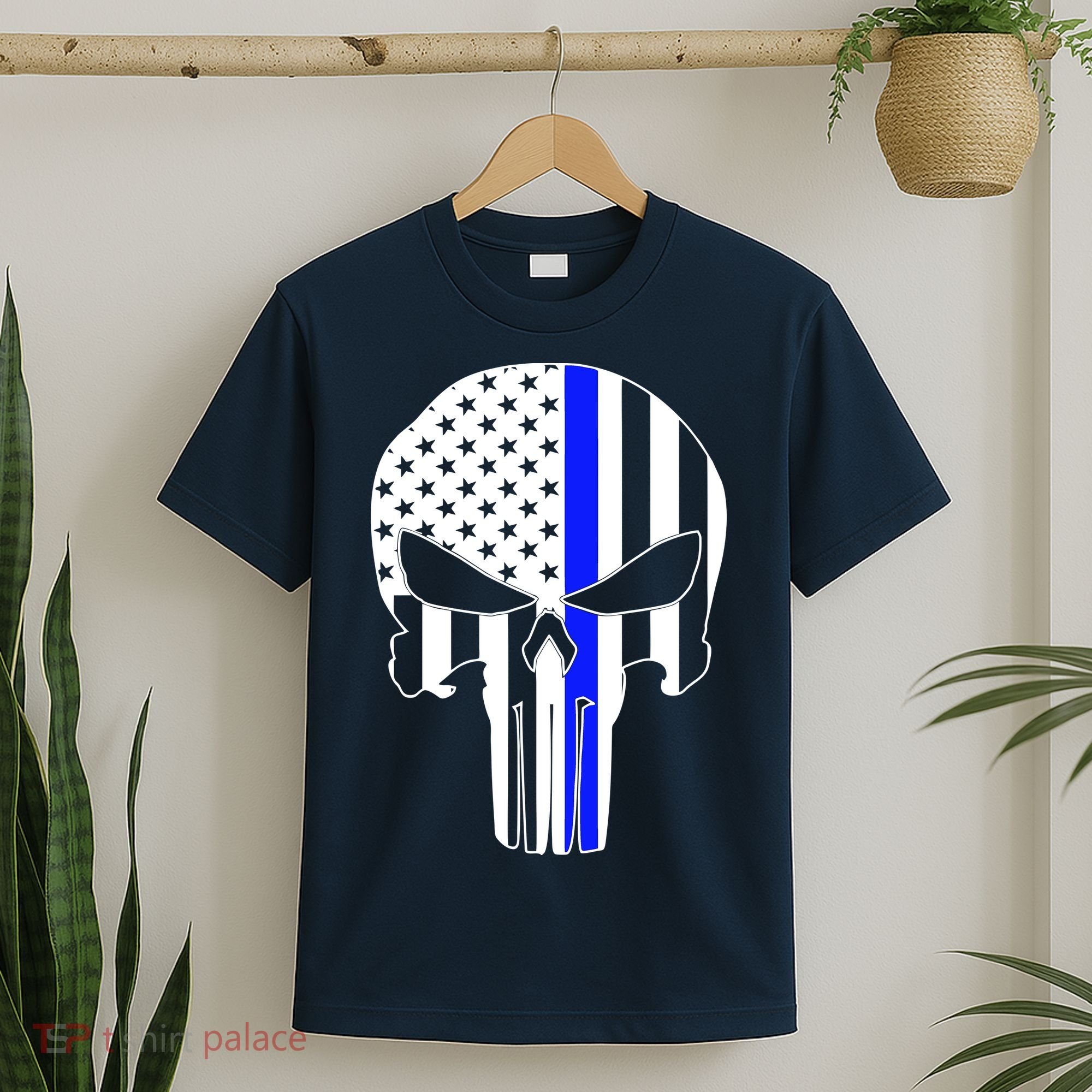 Police USA Skull Thin Blue Line T-Shirt