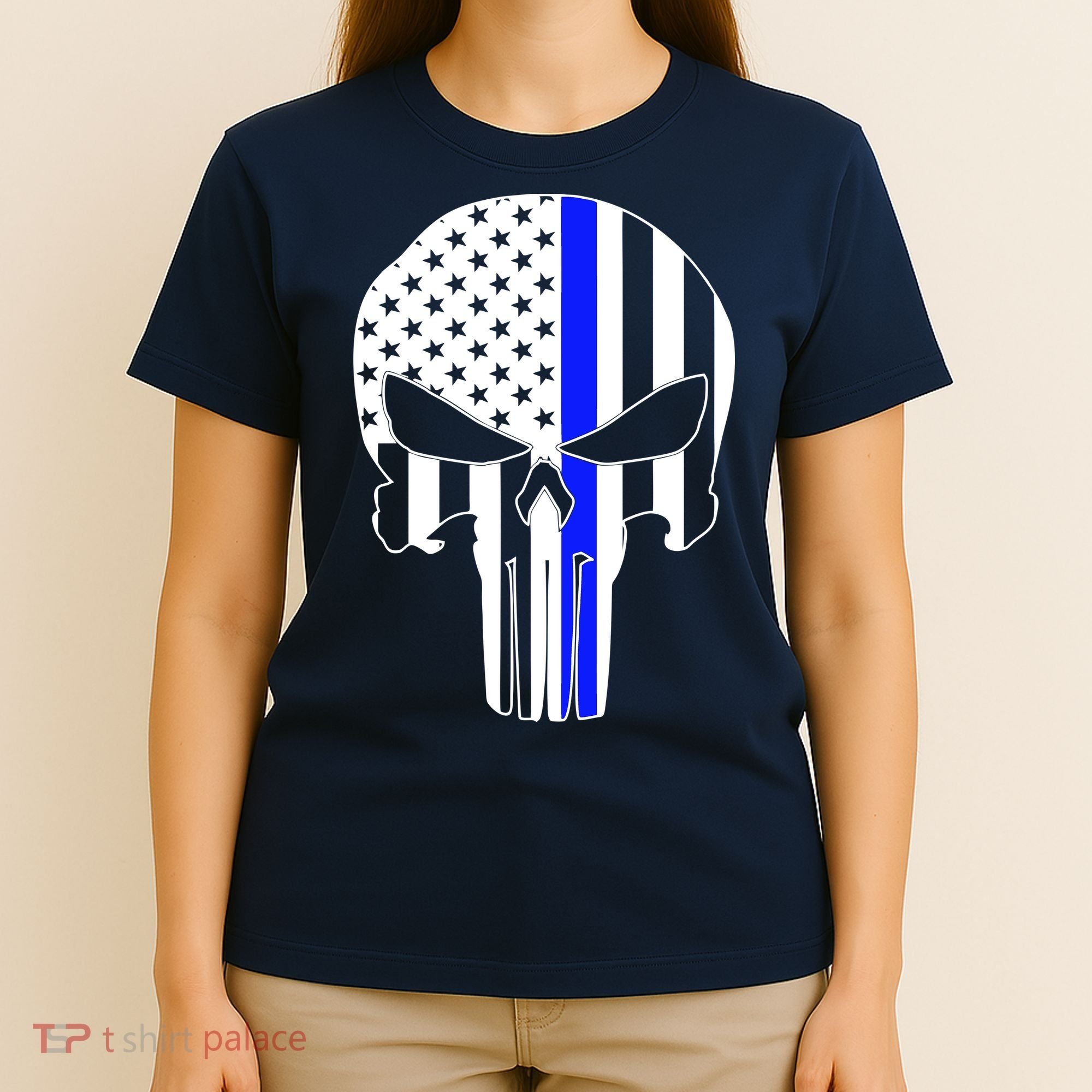Police USA Skull Thin Blue Line T-Shirt