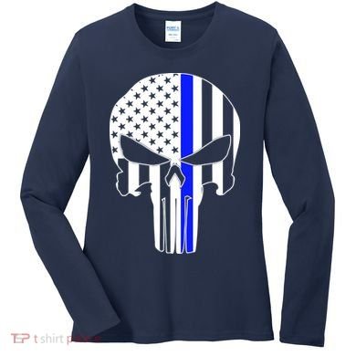 Police USA Skull Thin Blue Line Women's Long Sleeve Shirt