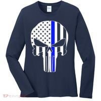 Police USA Skull Thin Blue Line Women's Long Sleeve Shirt thumb 0