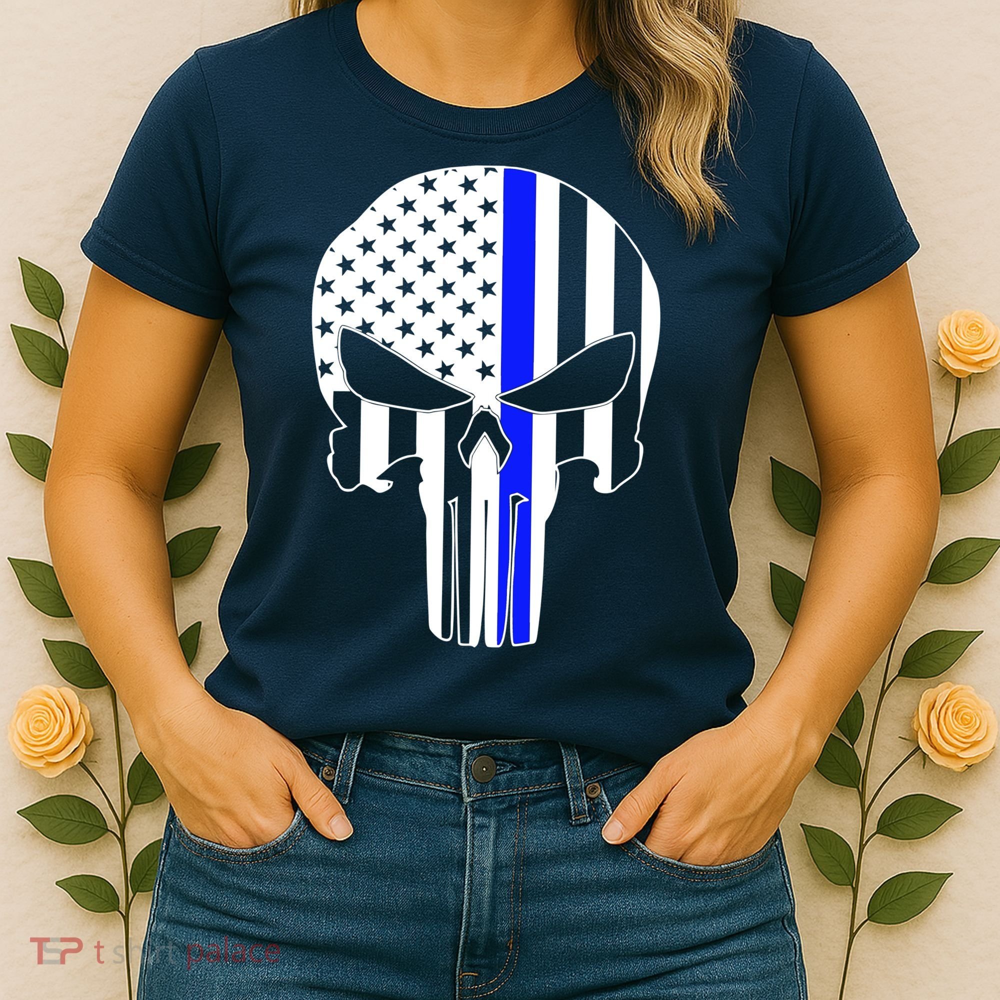 Police USA Skull Thin Blue Line Women's T-Shirt