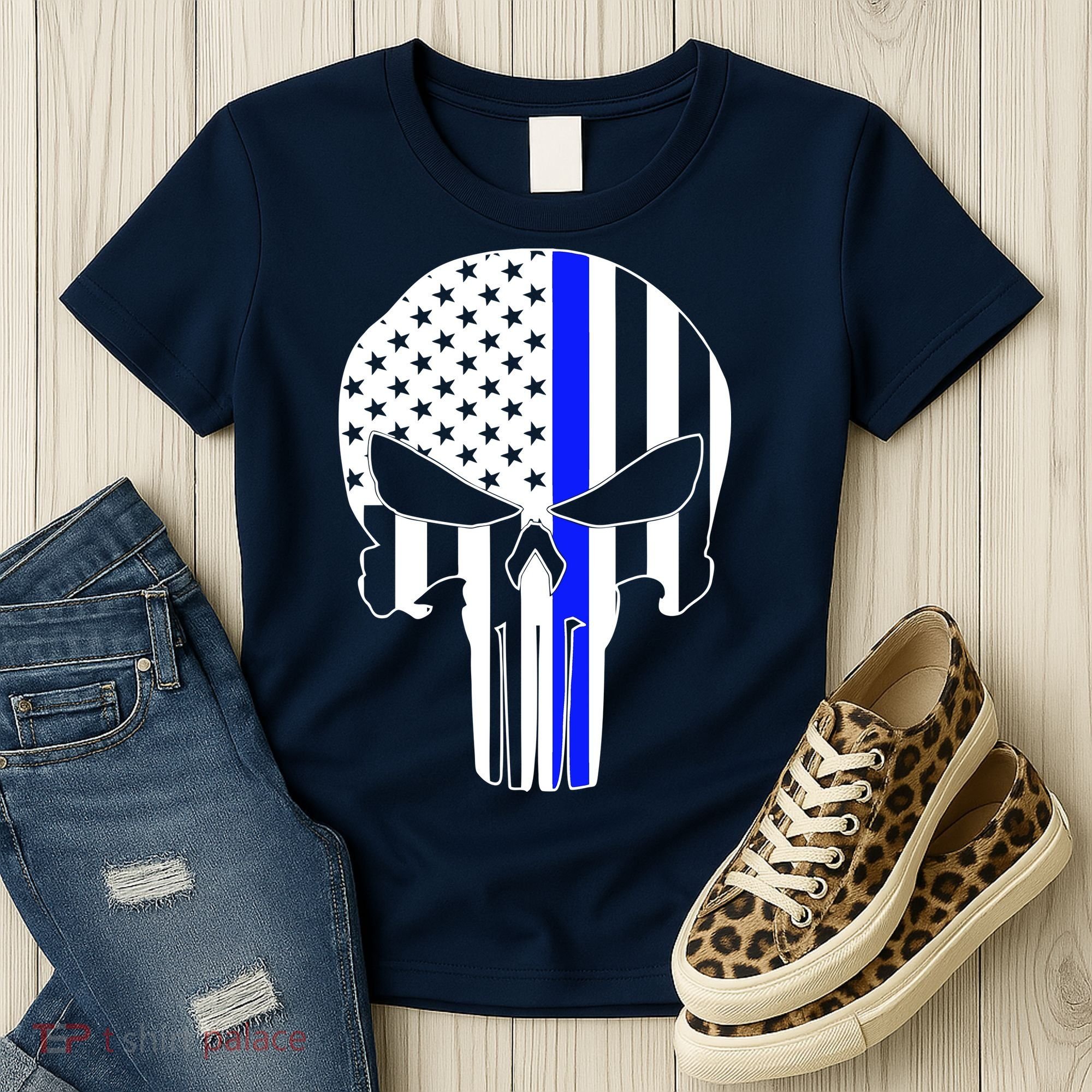 Police USA Skull Thin Blue Line Women's T-Shirt