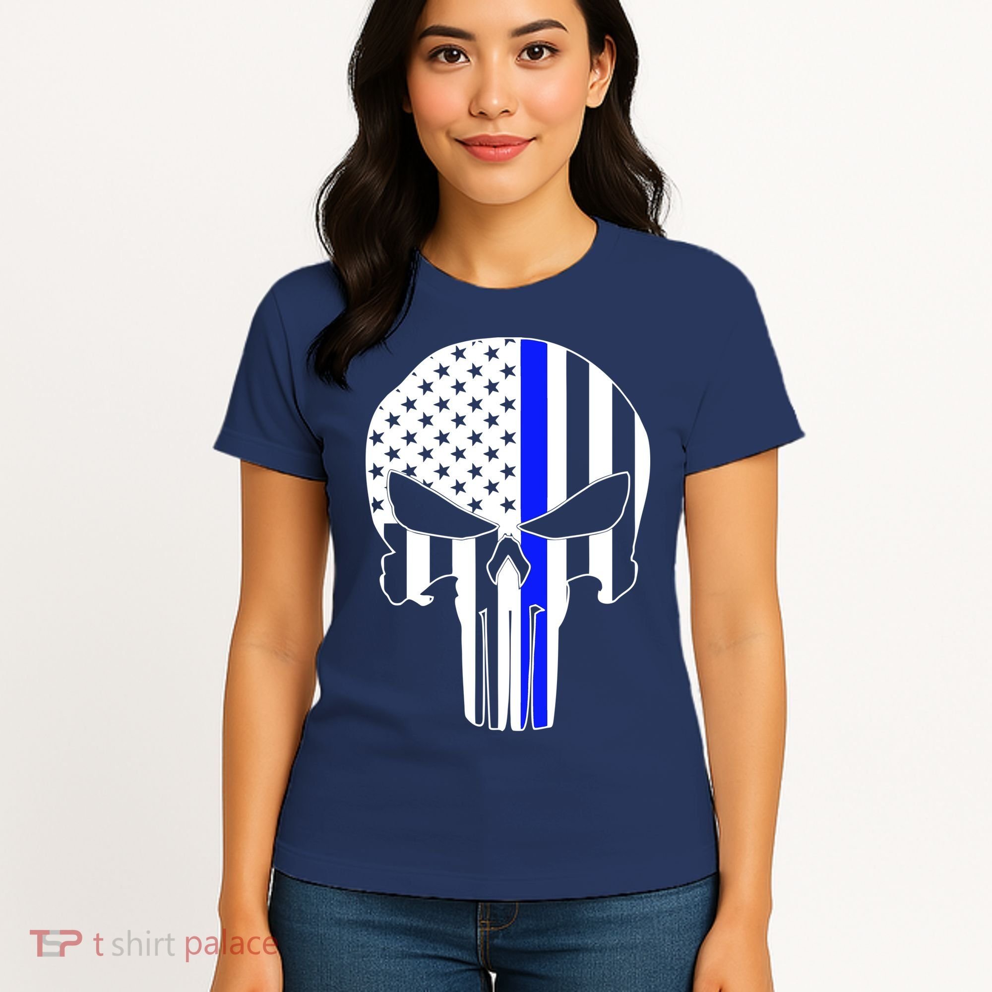 Police USA Skull Thin Blue Line Women's T-Shirt