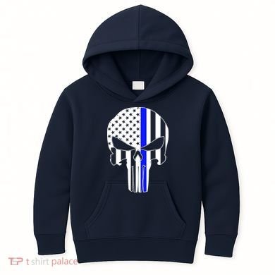 Police USA Skull Thin Blue Line Kids Hoodie