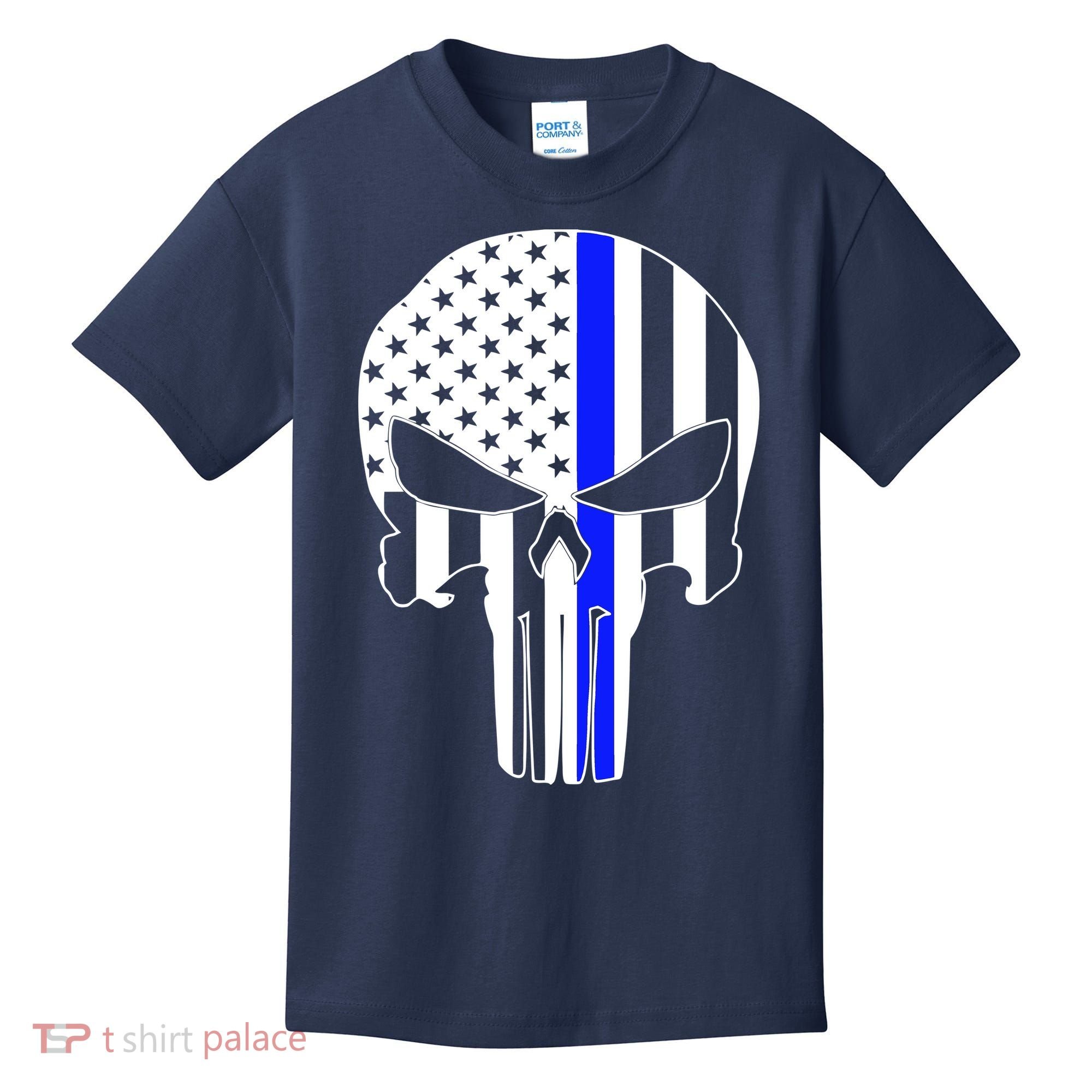 Police USA Skull Thin Blue Line Kids T-Shirt