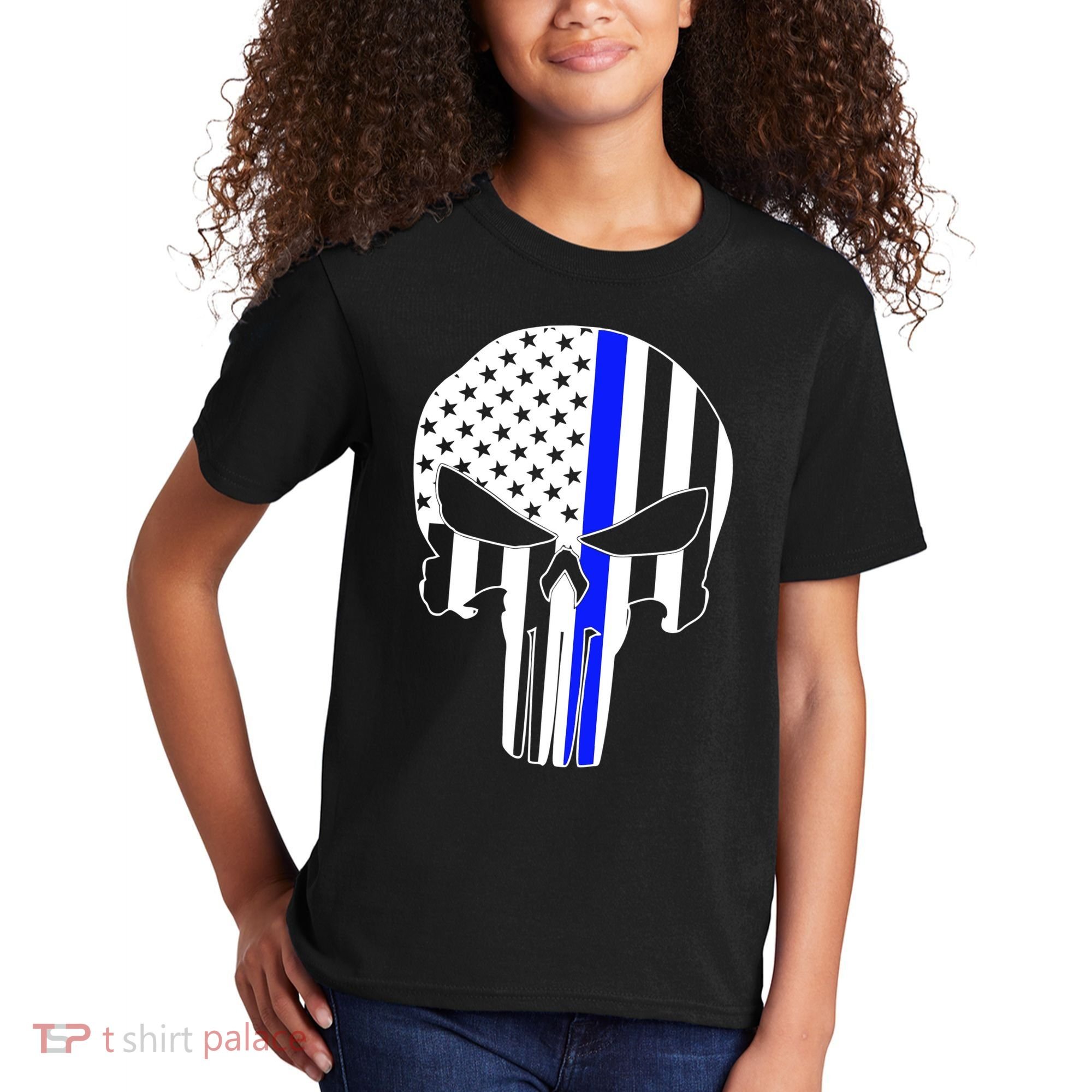 Police USA Skull Thin Blue Line Kids T-Shirt
