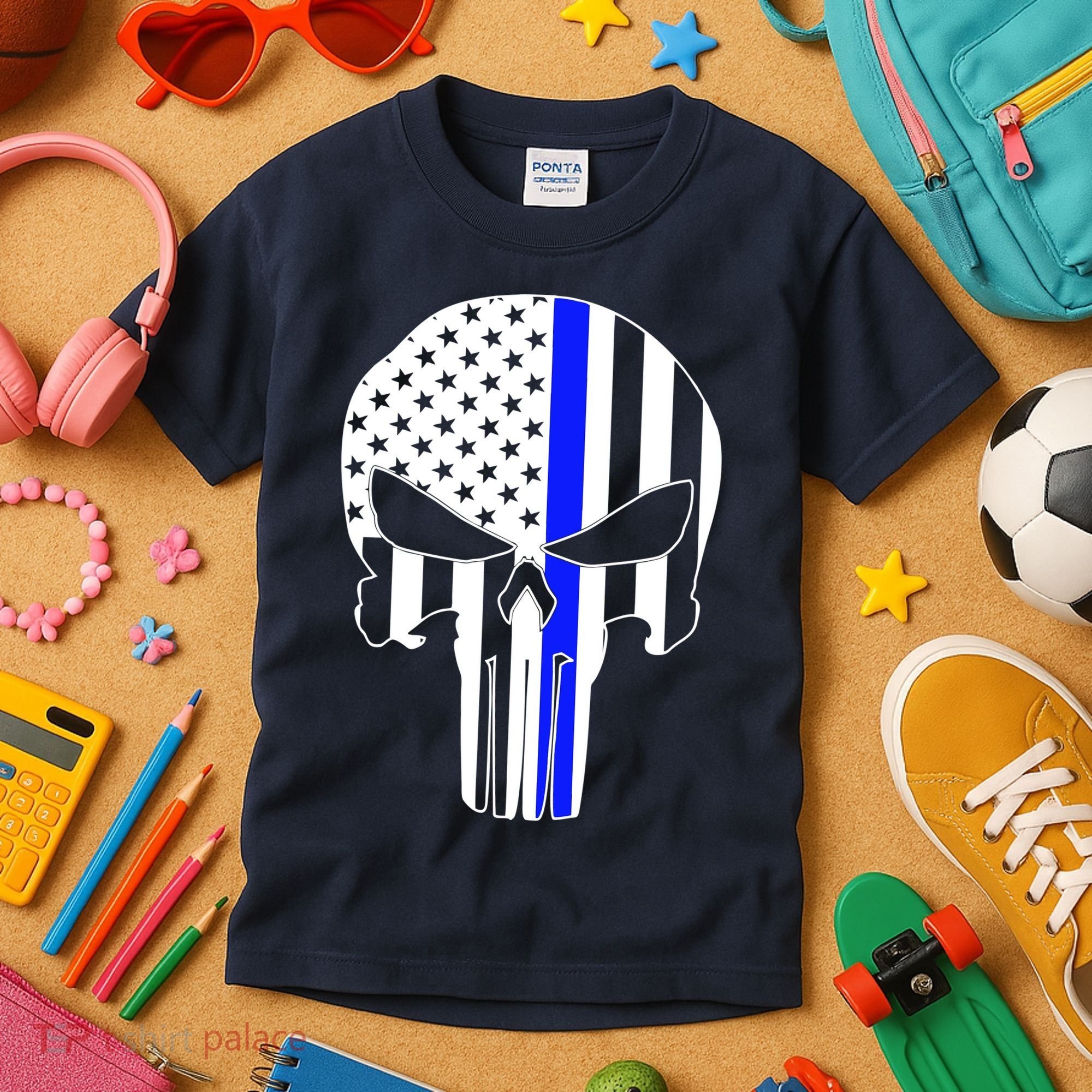 Police USA Skull Thin Blue Line Kids T-Shirt