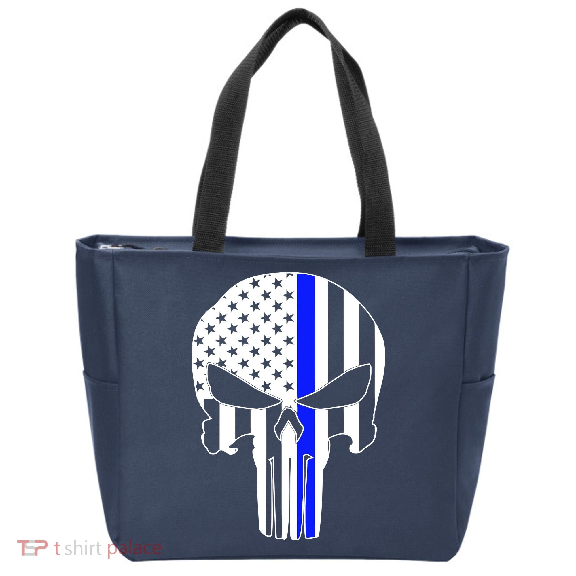 Police USA Skull Thin Blue Line Tote Bag