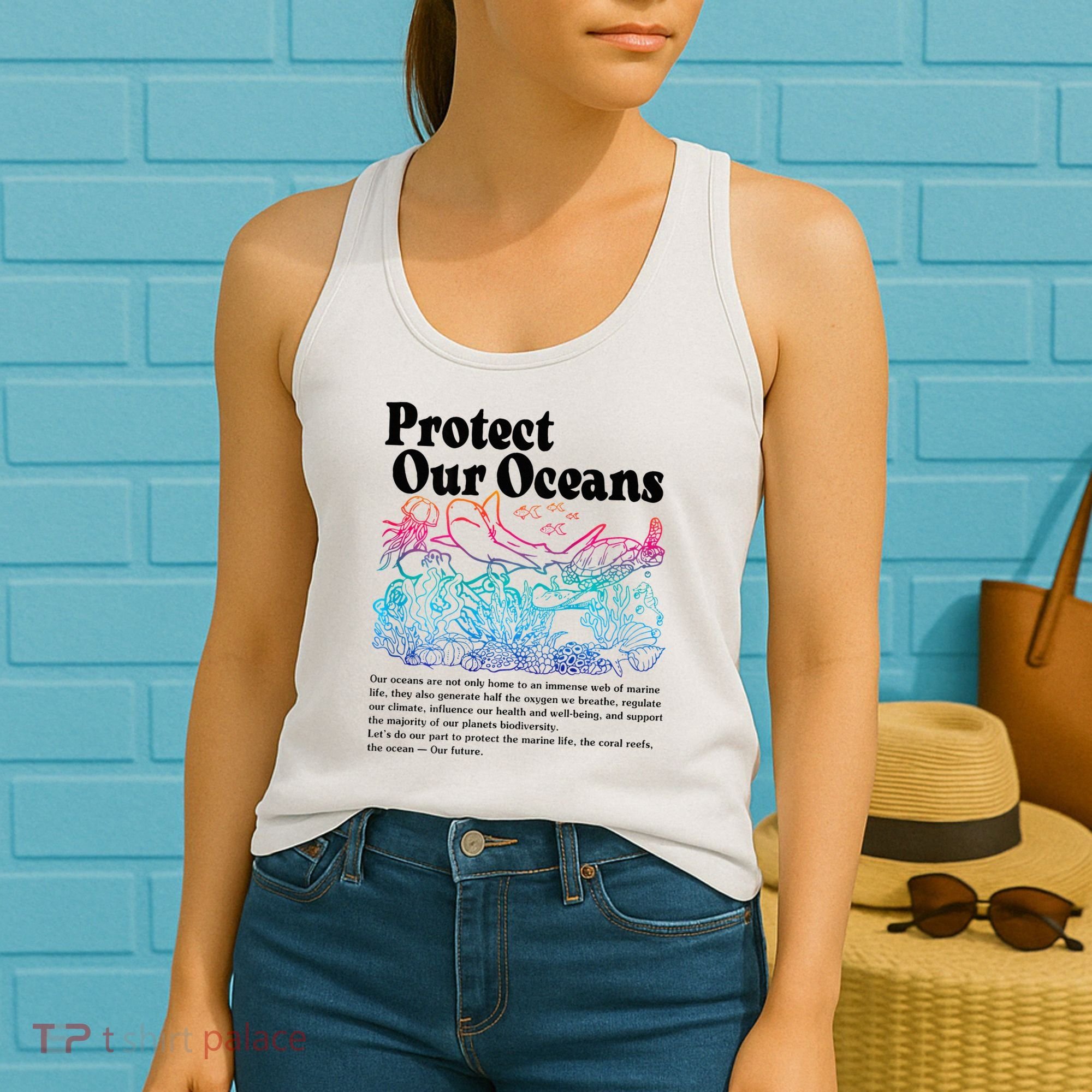 Protect Our Oceans Save Earth World Ocean Day 2024 On Back Women's Tank Top
