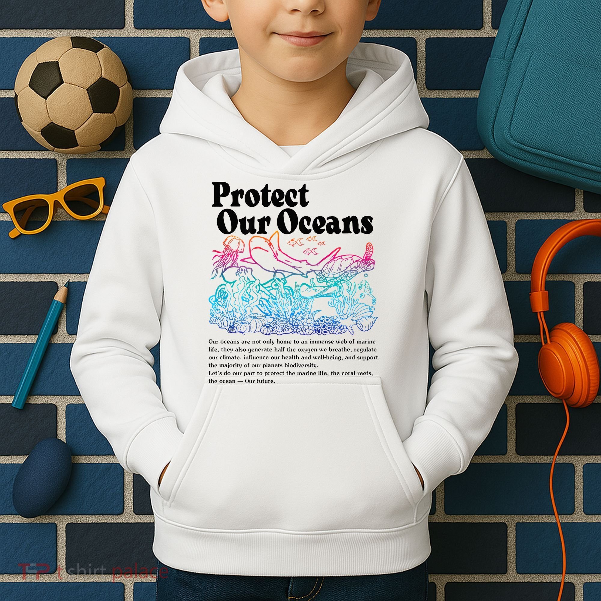 Protect Our Oceans Save Earth World Ocean Day 2024 On Back Kids Hoodie