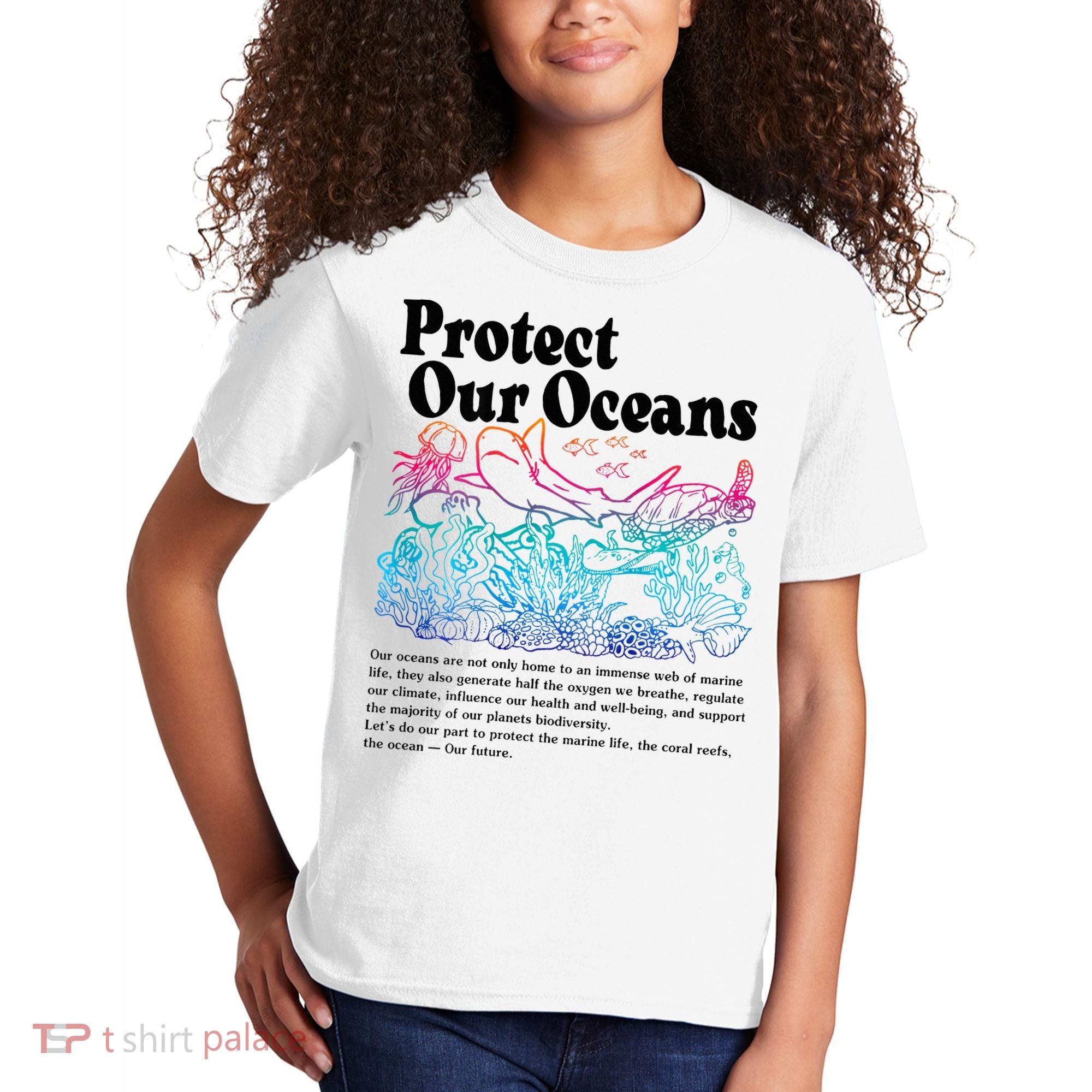 Protect Our Oceans Save Earth World Ocean Day 2024 On Back Kids T-Shirt