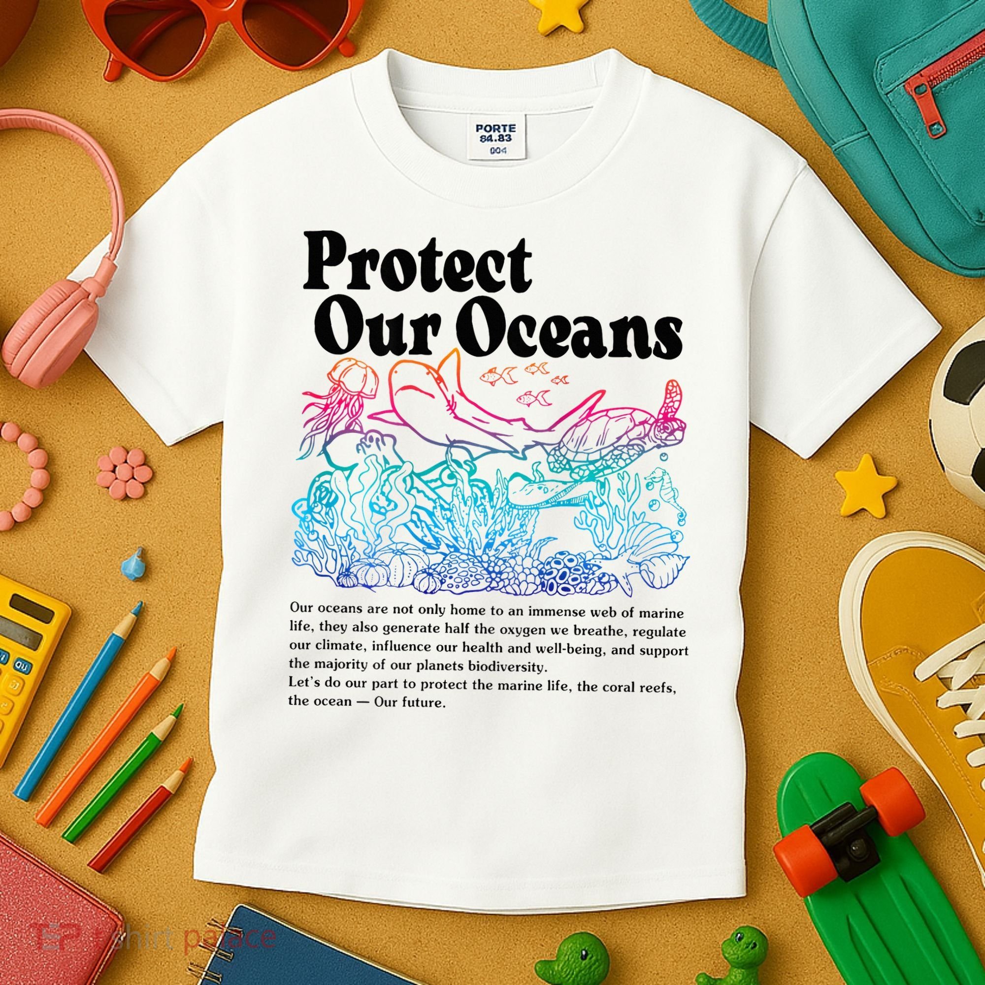 Protect Our Oceans Save Earth World Ocean Day 2024 On Back Kids T-Shirt