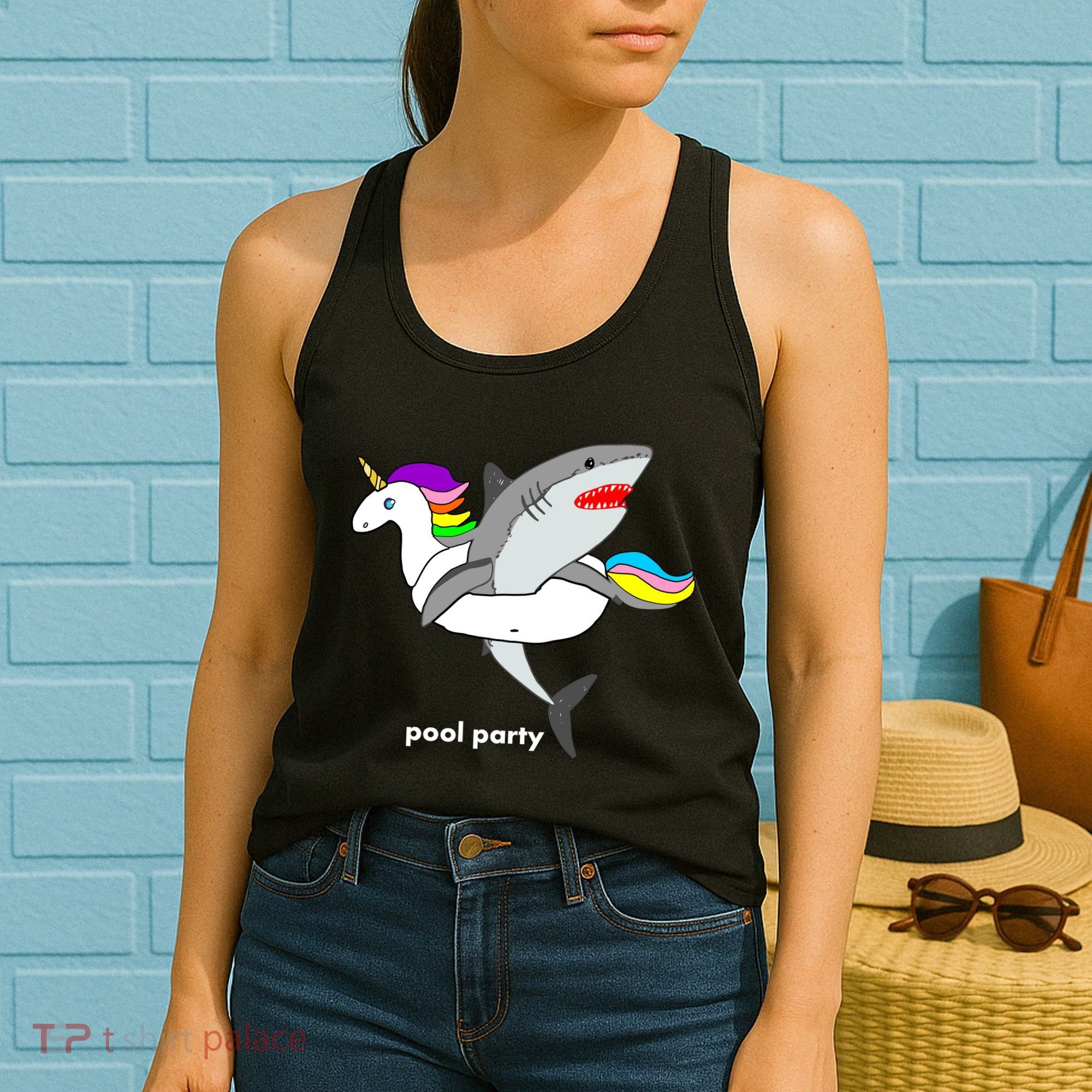 Pool Party Funny Shark in Unicorn Float Women's Tank Top