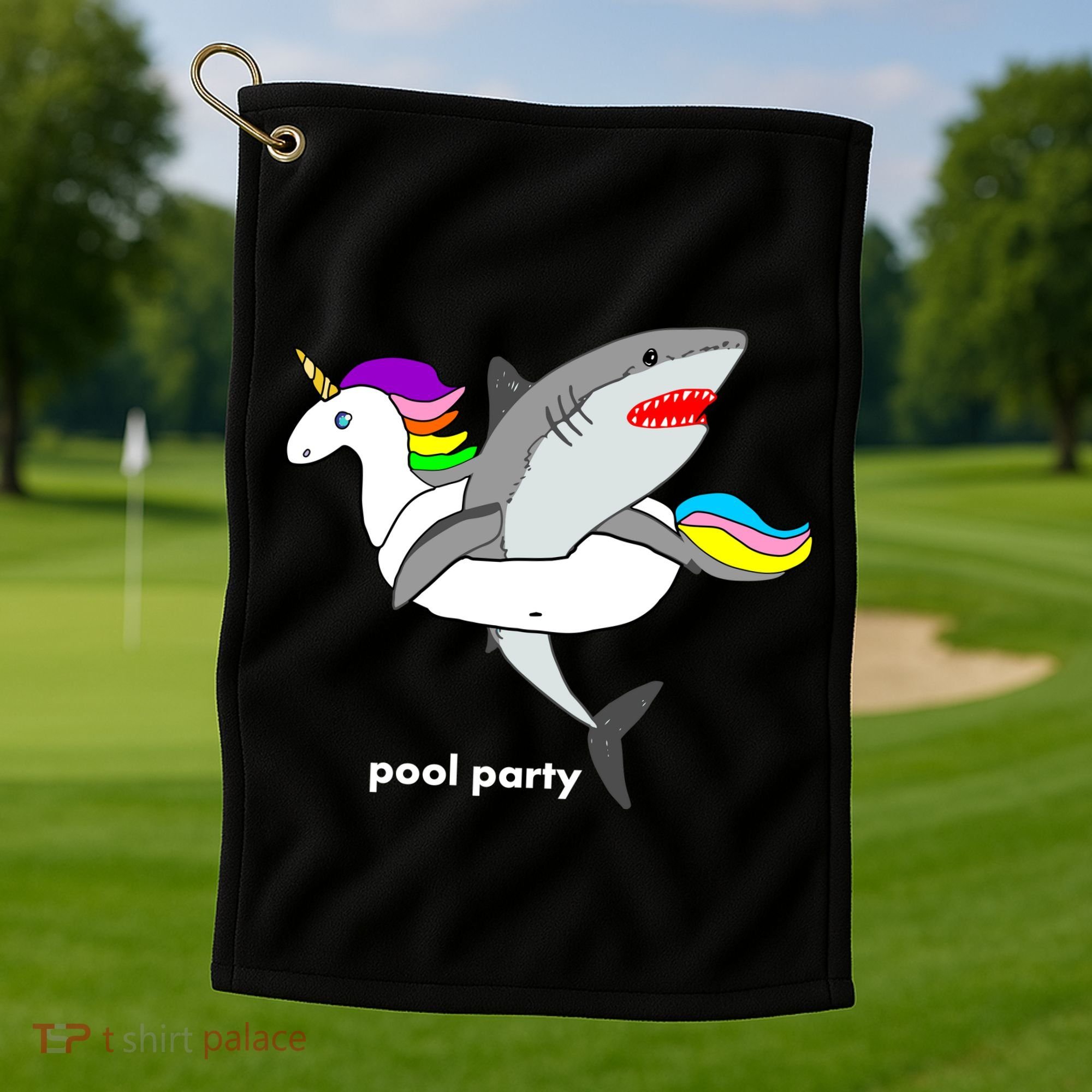 Pool Party Funny Shark in Unicorn Float Golf Towel
