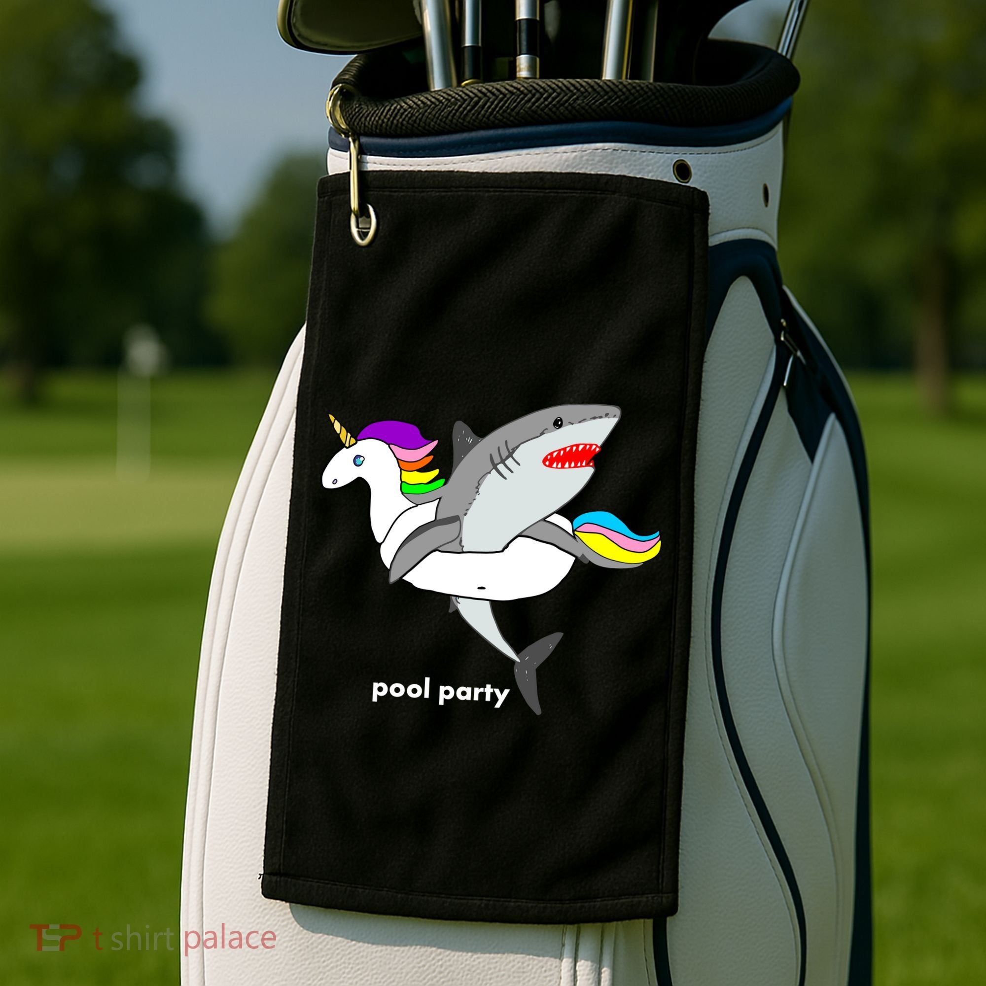 Pool Party Funny Shark in Unicorn Float Golf Towel