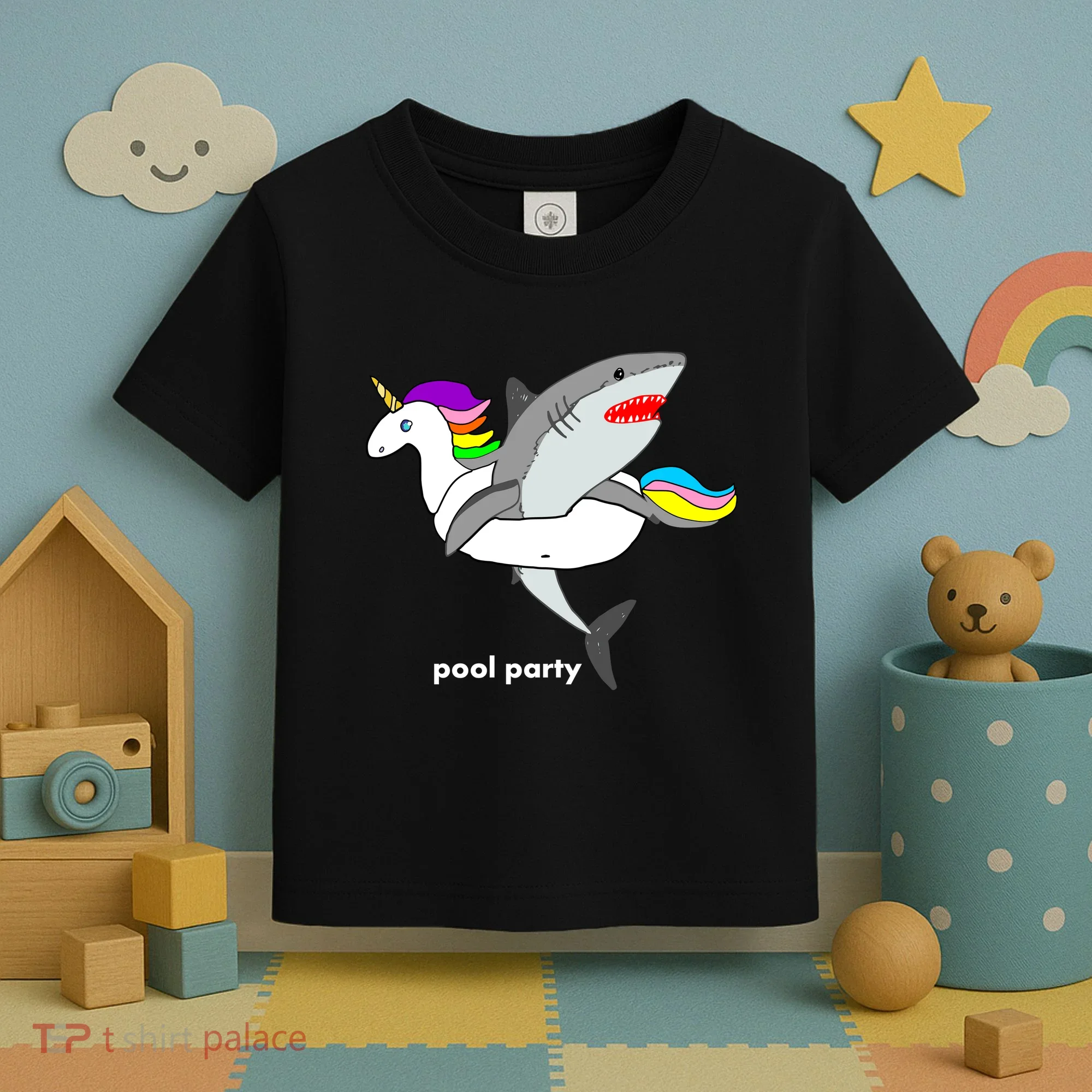 Pool Party Funny Shark in Unicorn Float Toddler T-Shirt
