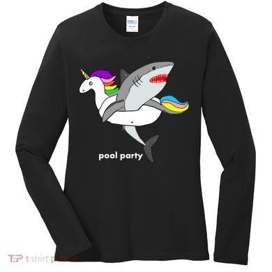 Pool Party Funny Shark in Unicorn Float Women's Long Sleeve Shirt