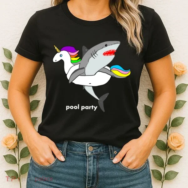 Pool Party Funny Shark in Unicorn Float Women's T-Shirt