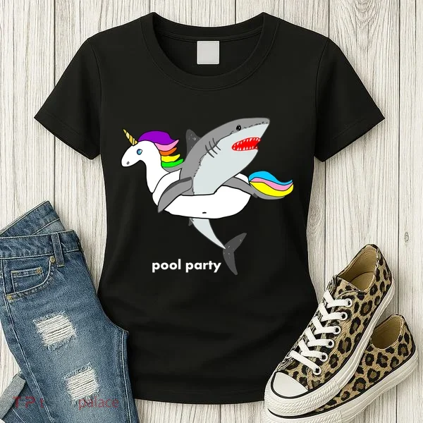 Pool Party Funny Shark in Unicorn Float Women's T-Shirt