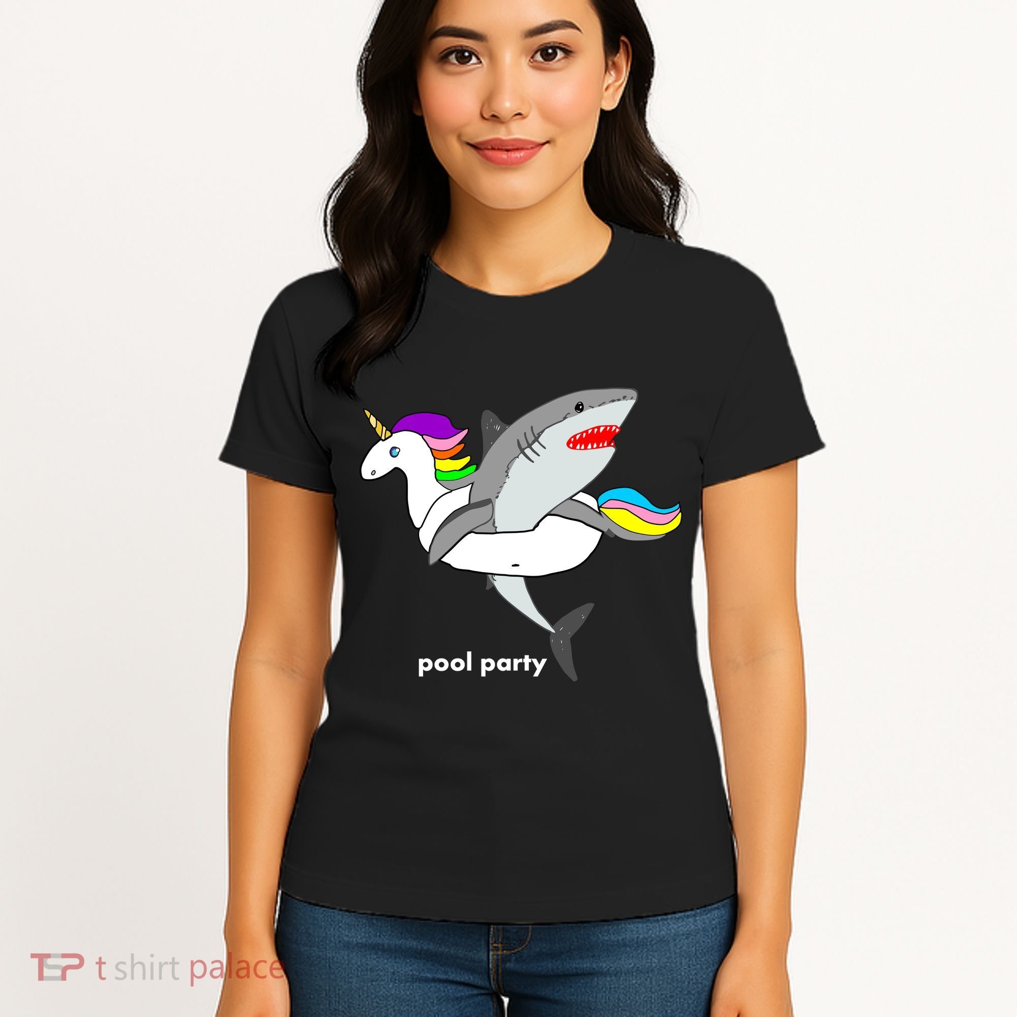 Pool Party Funny Shark in Unicorn Float Women's T-Shirt