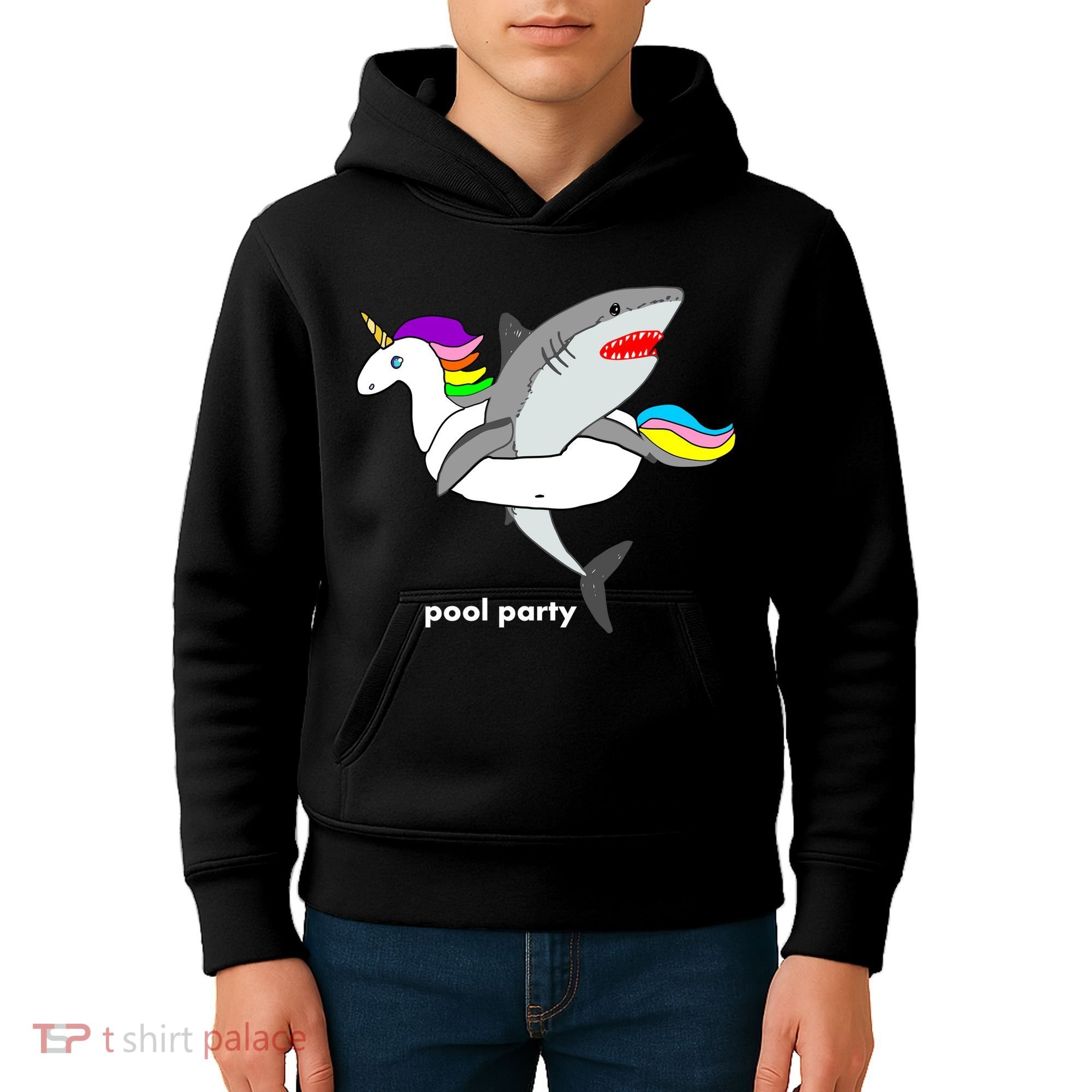 Pool Party Funny Shark in Unicorn Float Kids Hoodie