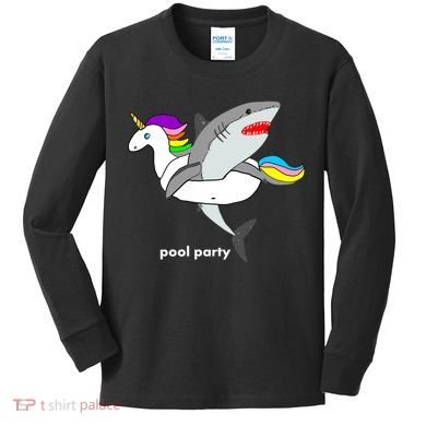 Pool Party Funny Shark in Unicorn Float Kids Long Sleeve Shirt