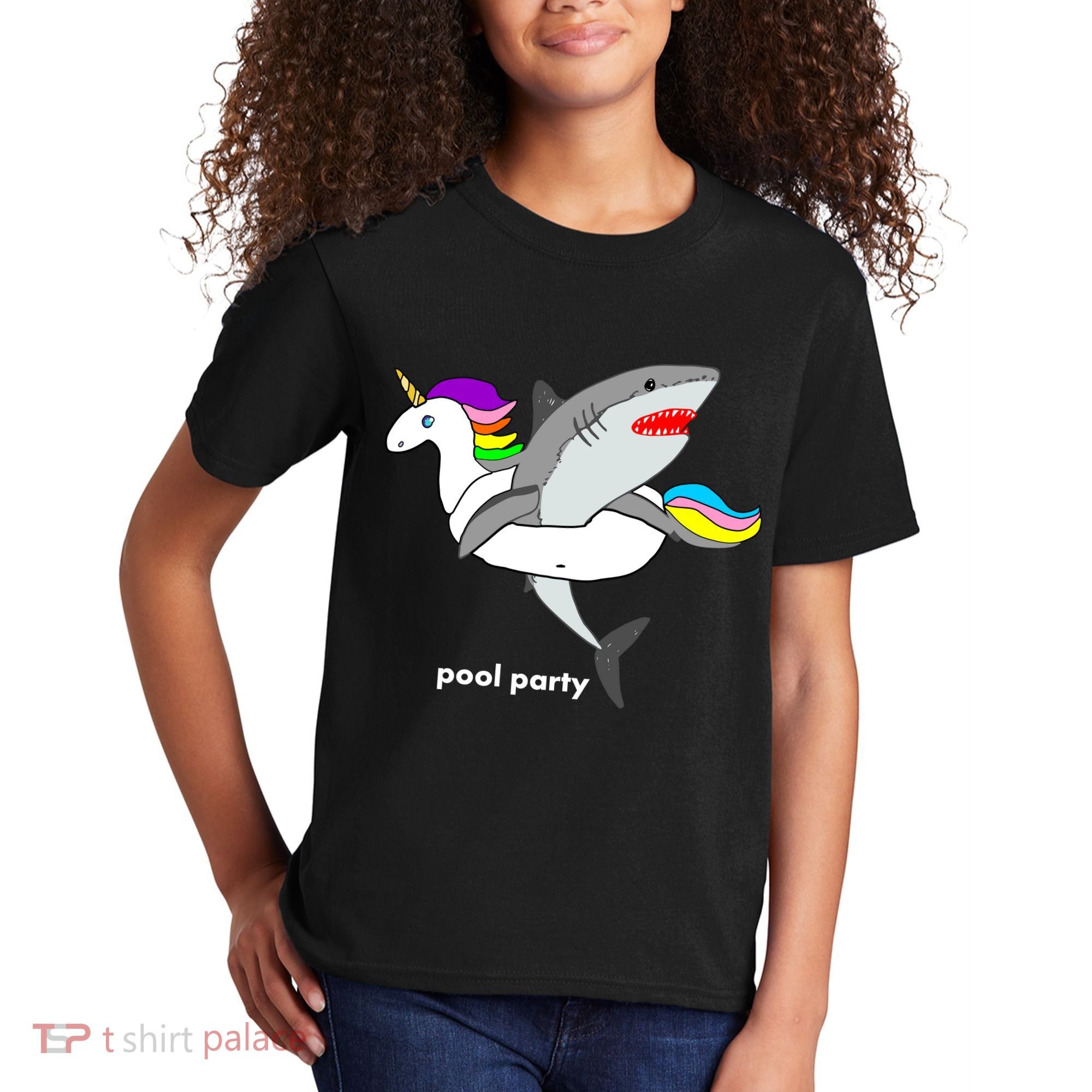 Pool Party Funny Shark in Unicorn Float Kids T-Shirt
