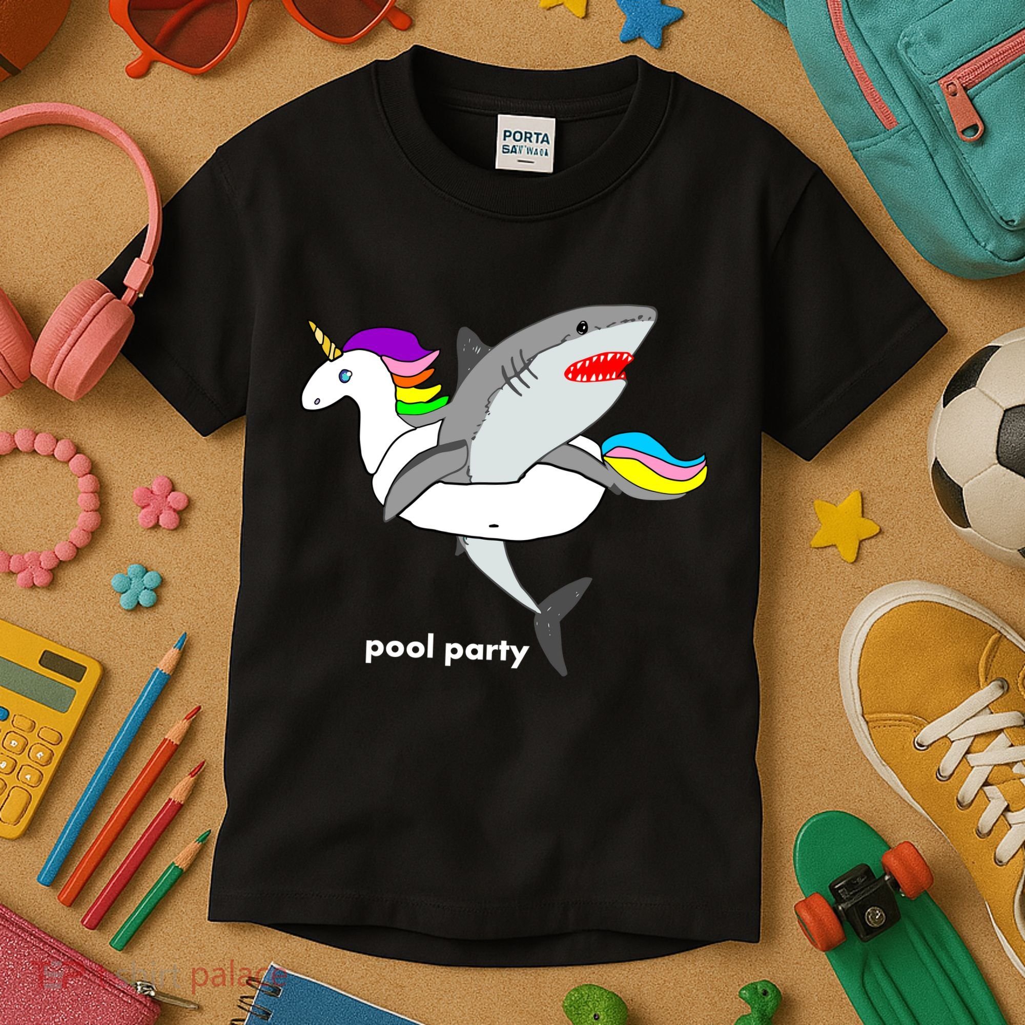 Pool Party Funny Shark in Unicorn Float Kids T-Shirt