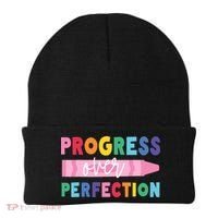 Progress Over Perfection Funny Motivational Teacher School Beanie thumb 0