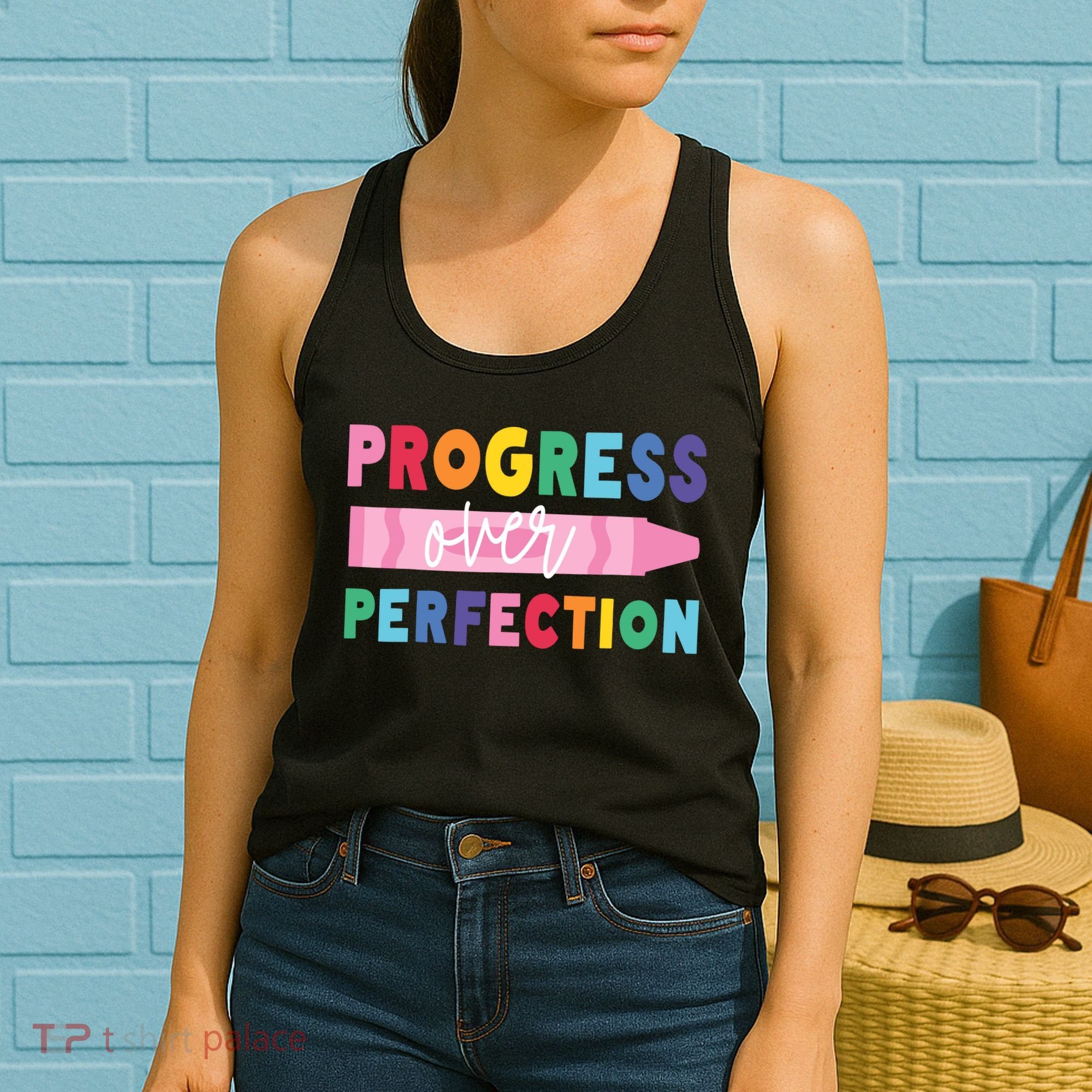 Progress Over Perfection Funny Motivational Teacher School Women's Tank Top