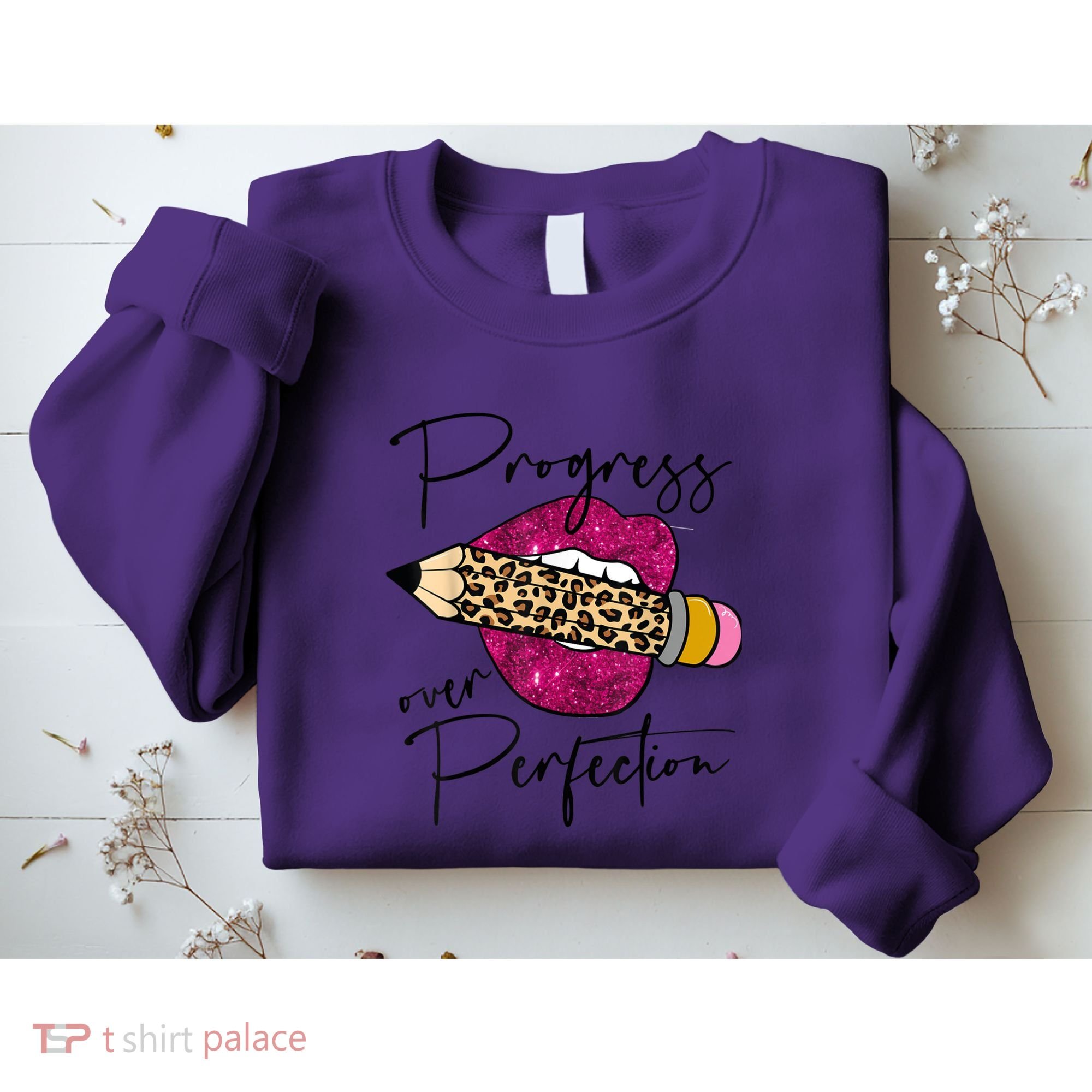 Progress Over Perfection Leopard Pencil Motivational Teacher Sweatshirt