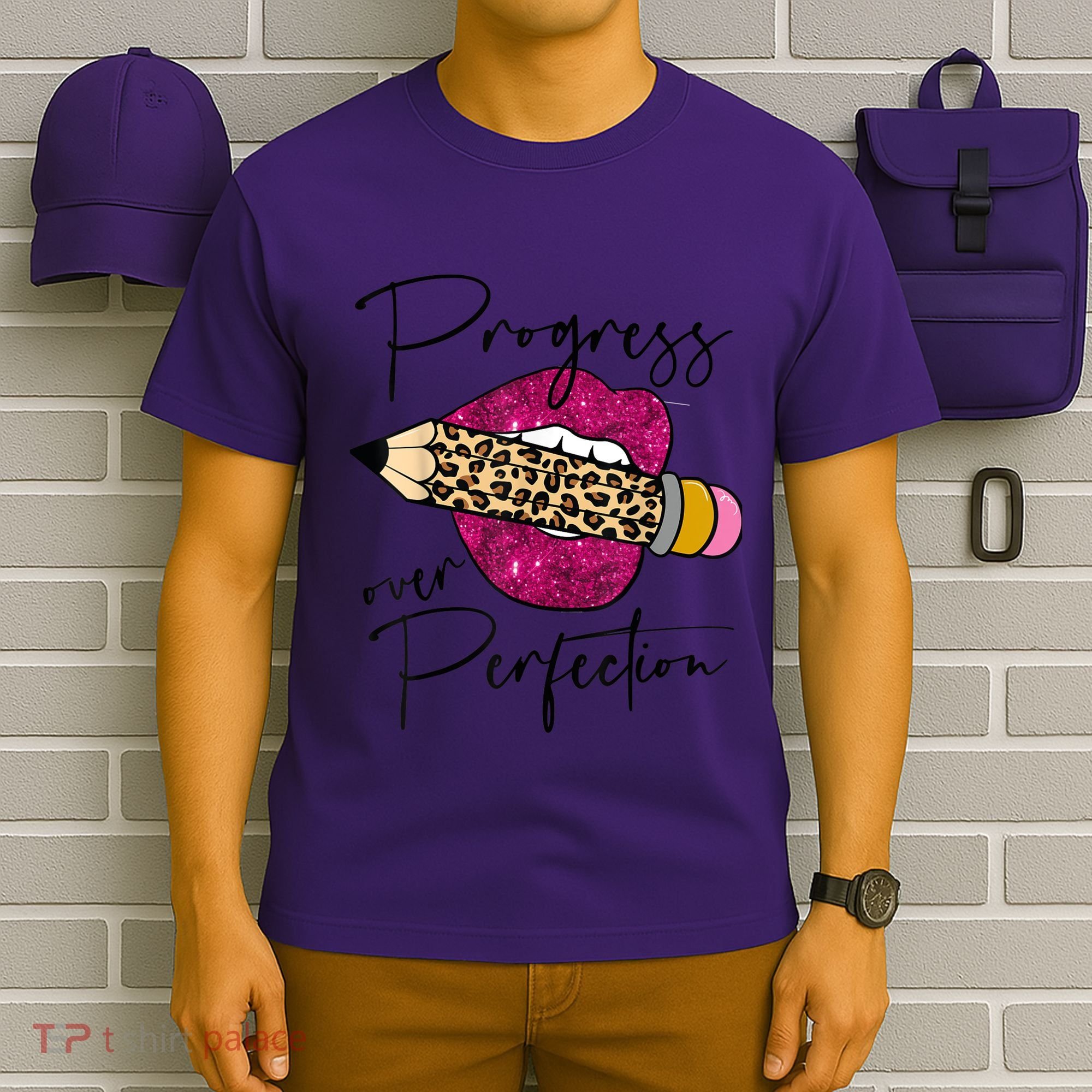 Progress Over Perfection Leopard Pencil Motivational Teacher T-Shirt