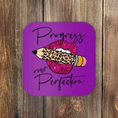 Progress Over Perfection Leopard Pencil Motivational Teacher Coaster