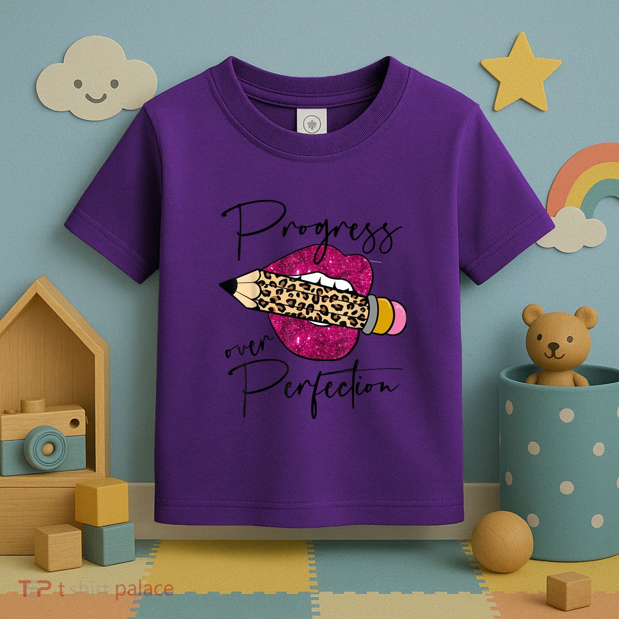 Progress Over Perfection Leopard Pencil Motivational Teacher Toddler T-Shirt