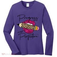 Progress Over Perfection Leopard Pencil Motivational Teacher Women's Long Sleeve Shirt thumb 0