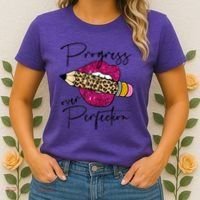Progress Over Perfection Leopard Pencil Motivational Teacher Women's T-Shirt thumb 2