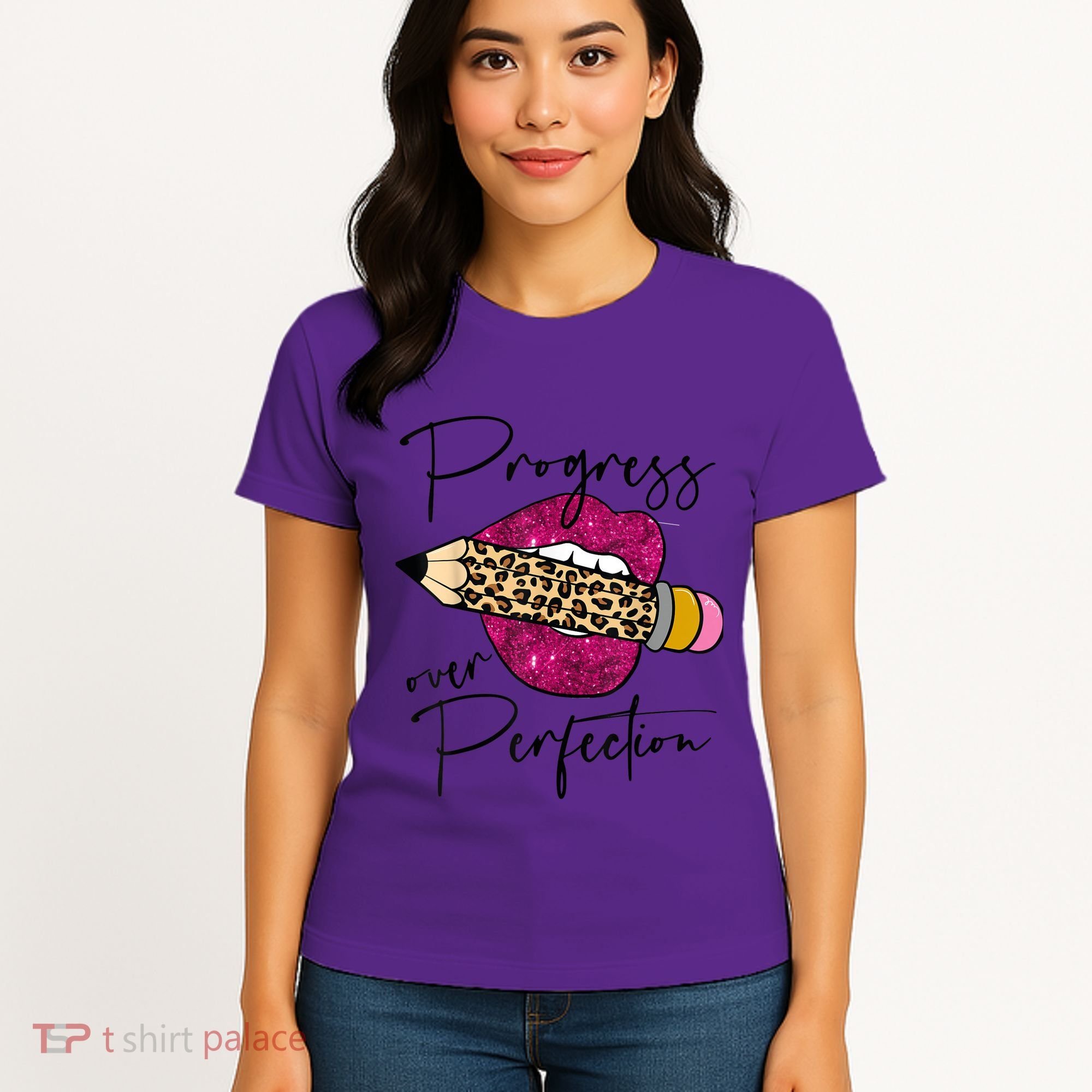 Progress Over Perfection Leopard Pencil Motivational Teacher Women's T-Shirt