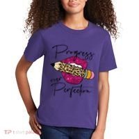 Progress Over Perfection Leopard Pencil Motivational Teacher Kids T-Shirt thumb 2