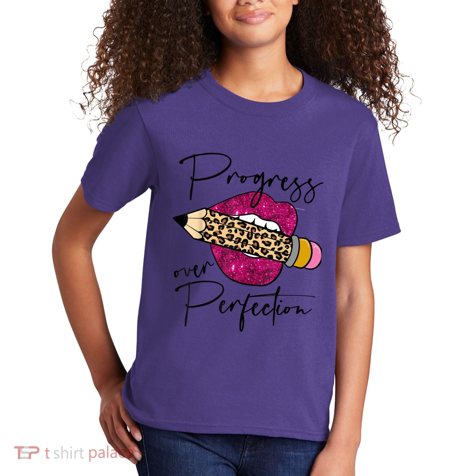 Progress Over Perfection Leopard Pencil Motivational Teacher Kids T-Shirt