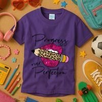 Progress Over Perfection Leopard Pencil Motivational Teacher Kids T-Shirt thumb 3