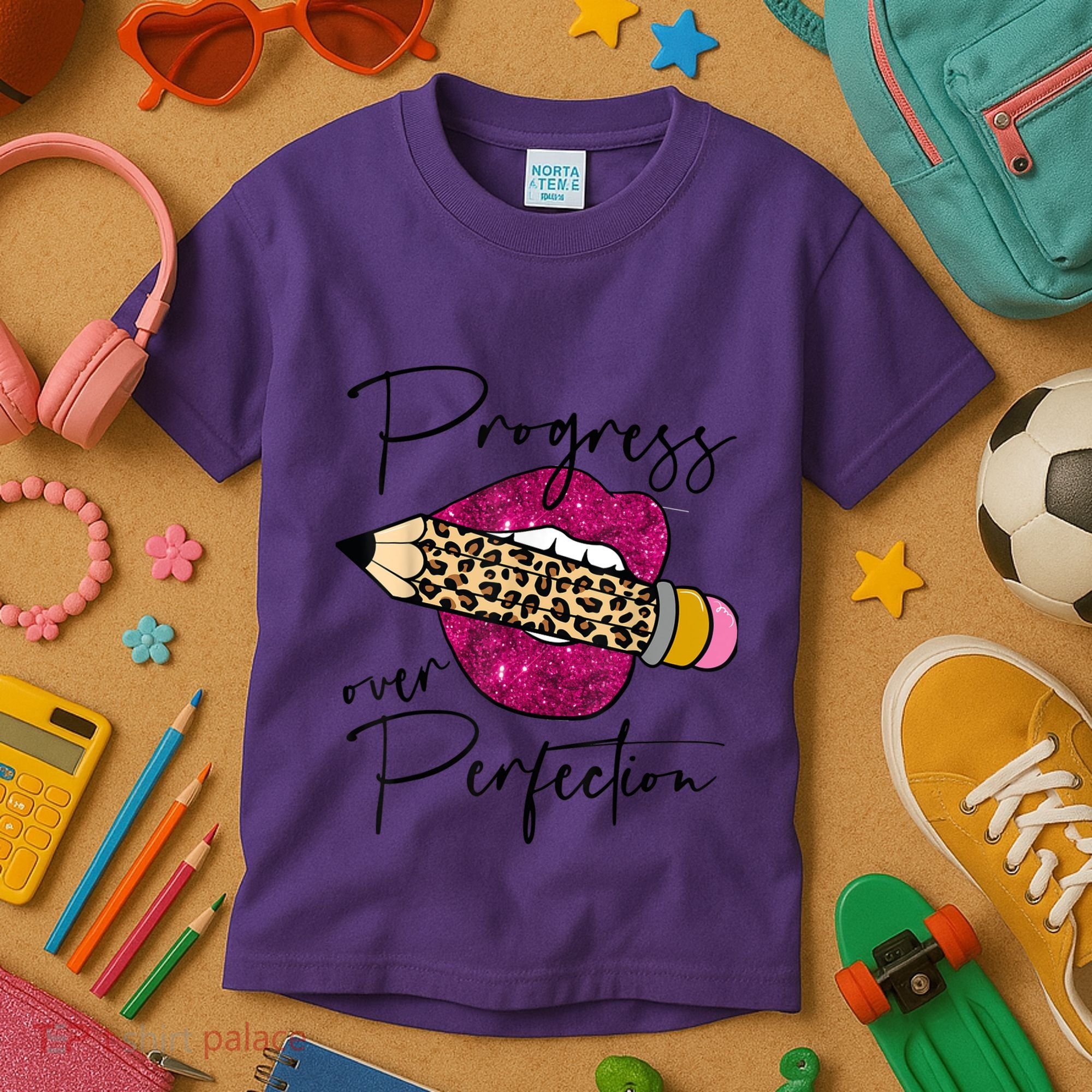 Progress Over Perfection Leopard Pencil Motivational Teacher Kids T-Shirt