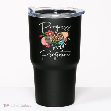 Progress Over Perfection Leopard Pencil Motivational Teacher Tumbler